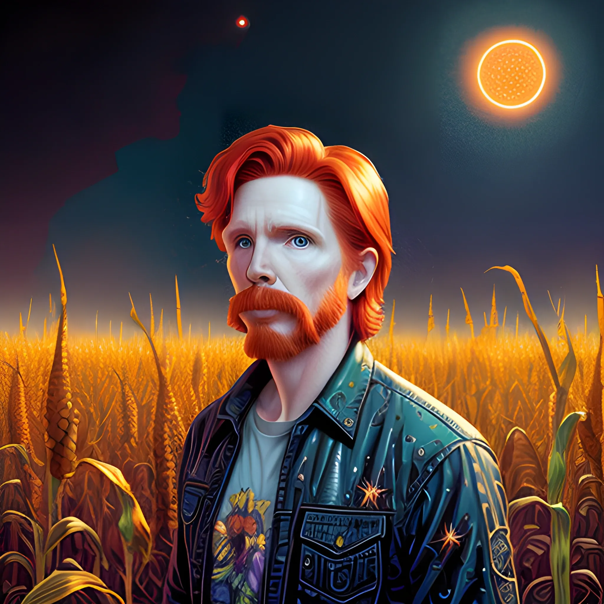 male actor Courtney Gains, his highly detailed handsome face, meticulously detailed multi-hued red hair, standing in tall corn, cornfield, nebula sky, staryy night; by James R. Eads, Fausto-Giurescu, Tania Rivilis, Renata-s-art, Dan Mumford; luminous colorful sparkles, glitter, airbrush, depth of field, volumetric lighting, deep color, underground comix