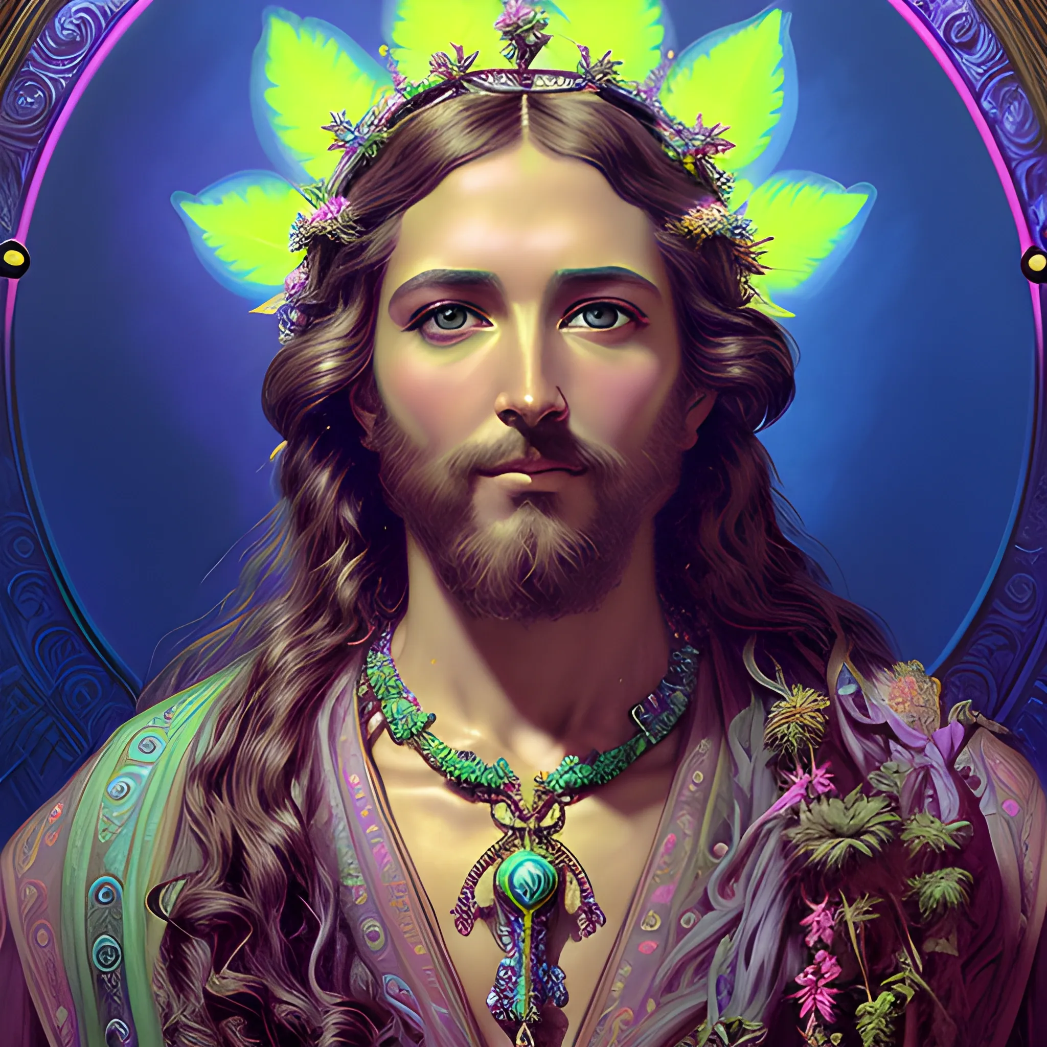 eoclassicist colorful blacklight uv highly detailed painting of Jesus as a marijuana goddess, ethereal fantasy hyperdetailed mist, maximalist matte painting, polished, realistic oil painting; old fashioned, vintage, antique; luminous color sparkles, marijuana, by gaston bussiere, craig mullins, j. c. leyendecker, norman rockwell