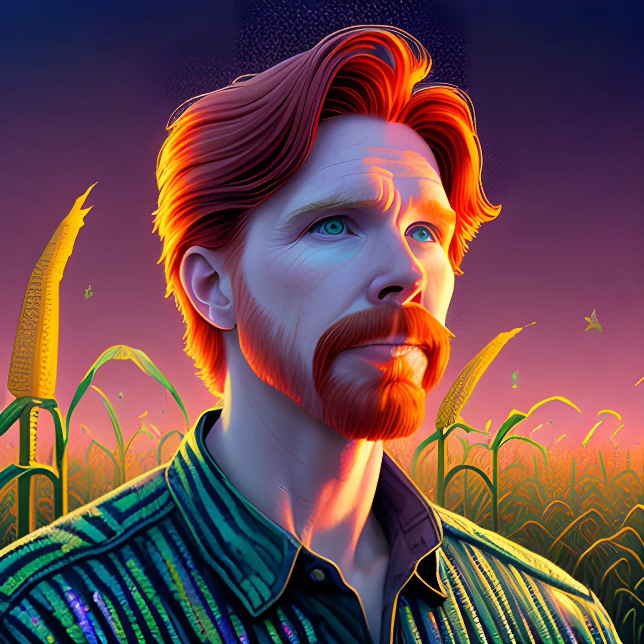 male actor Courtney Gains, his highly detailed handsome face, meticulously detailed multi-hued red hair, standing in tall corn, cornfield, nebula sky; by James R. Eads, Fausto-Giurescu, Tania Rivilis, Renata-s-art, Dan Mumford; luminous colorful sparkles, glitter, airbrush, depth of field, volumetric lighting, deep color, underground comix