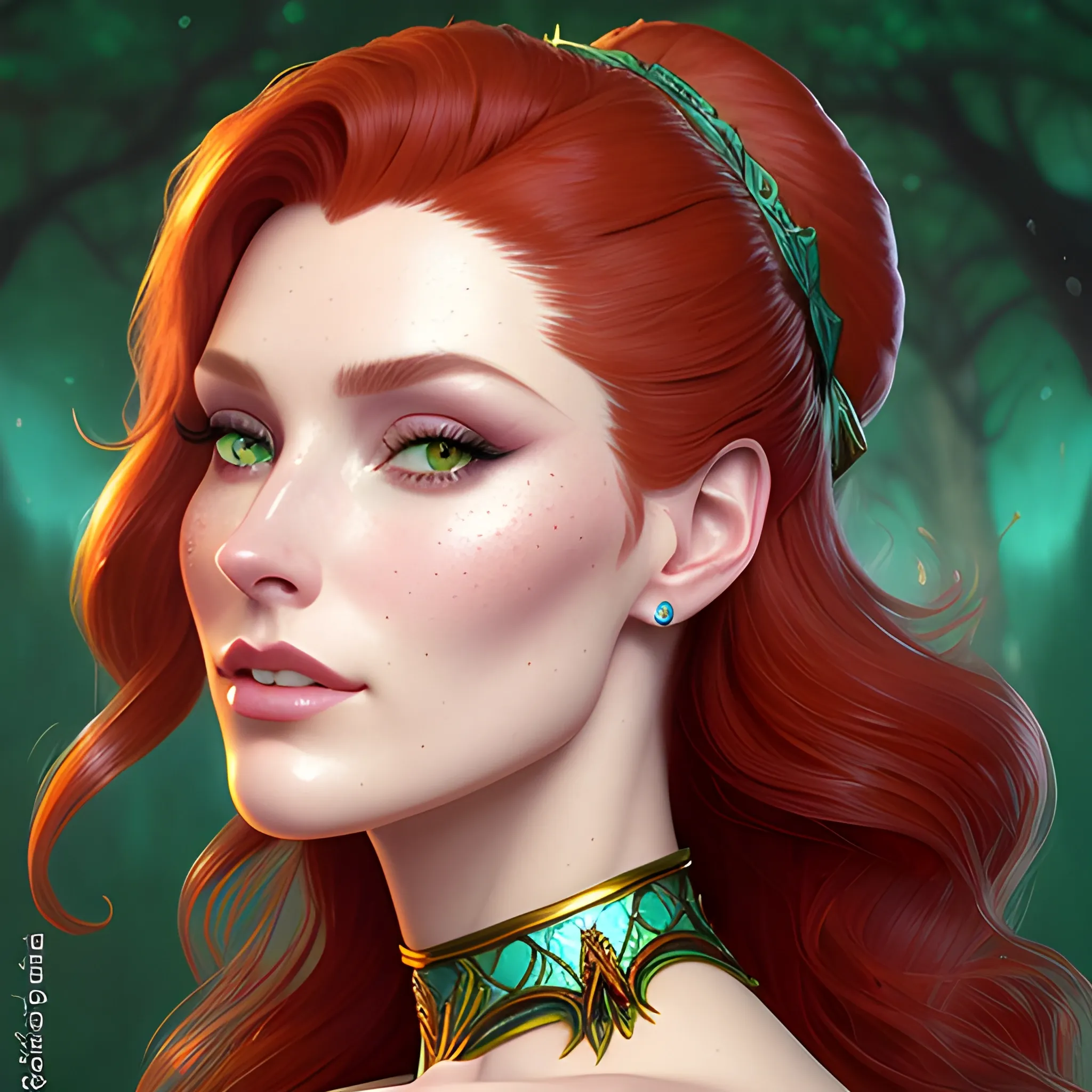 Elsa Hosk / Shanina Sheik / Robyn Lively face morph in a deep green pine tree forest; long, curly red hair, turquoise speckled green eyes, highly detailed beautiful face; glitter, high contrast, pastel, sorbet, pearlescent, by Dan Parent, Artgerm, WLOP, intricately detailed, fantasy, beautiful, Chromolithography, Soft Shading, Unreal Engine; digital painting, smooth, sharp focus, illustration, art by lisa frank, Steve Goad, Frank Frazetta, William-Adolphe Bouguereau, Unreal Engine 5, Cartoon, 3D, Oil Painting, castle, sunset