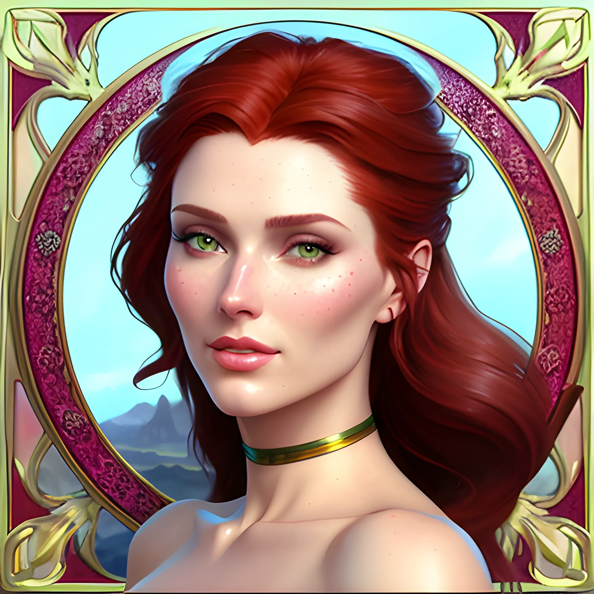 Elsa Hosk / Shanina Sheik / Robyn Lively face morph at a lotus pond; dark red hair, green eyes, highly detailed beautiful face; glitter, renaissance; high contrast, pastel, sorbet, pearlescent, Unreal Engine 5; by Dan Parent, Alphonse Mucha, Artgerm, WLOP, intricately detailed, fantasy, bizarre, beautiful, Chromolithography, Soft Shading, Unreal Engine; digital painting, smooth, sharp focus, illustration, art by lisa frank, Steve Goad, Frank Frazetta, William-Adolphe Bouguereau, Unreal Engine 5, Cartoon, 3D, Oil Painting