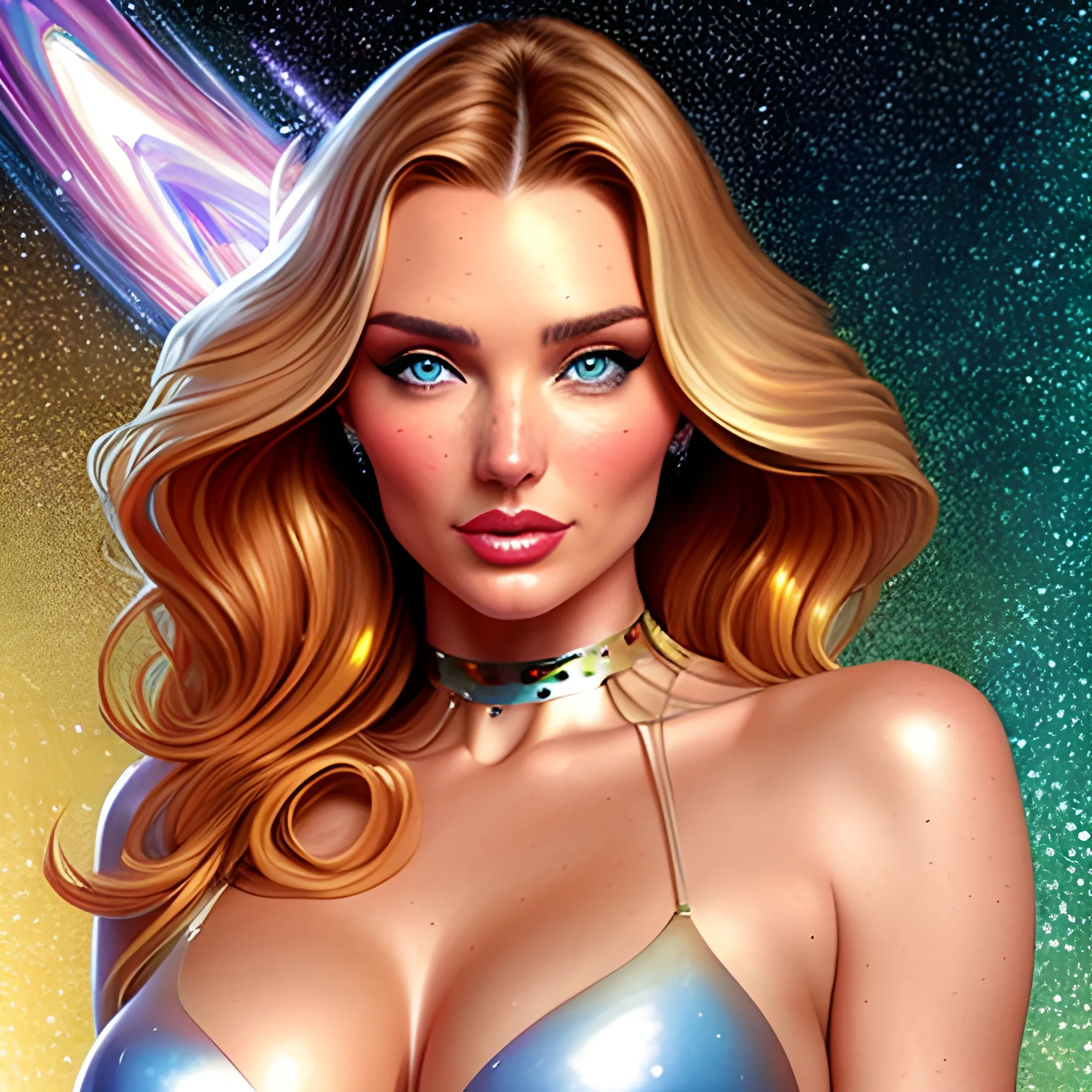 young Miranda Kerr / Candice Swanepoel / Elsa Hosk face morph, her highly detailed attractive face, meticulously detailed, multi-hued white-blond-red hair, blue-green eyes, dimple; supermodel, Victoria's Secret angel; by James R. Eads, Fausto-Giurescu, Tania Rivilis, Maxfield Parrish, Alphonse Mucha, Dan Mumford; luminous colorful sparkles, glitter, airbrush, depth of field, volumetric lighting Jason Beam art, Julie Bell art, Scott M Fischer, Neysa McMein, 3D