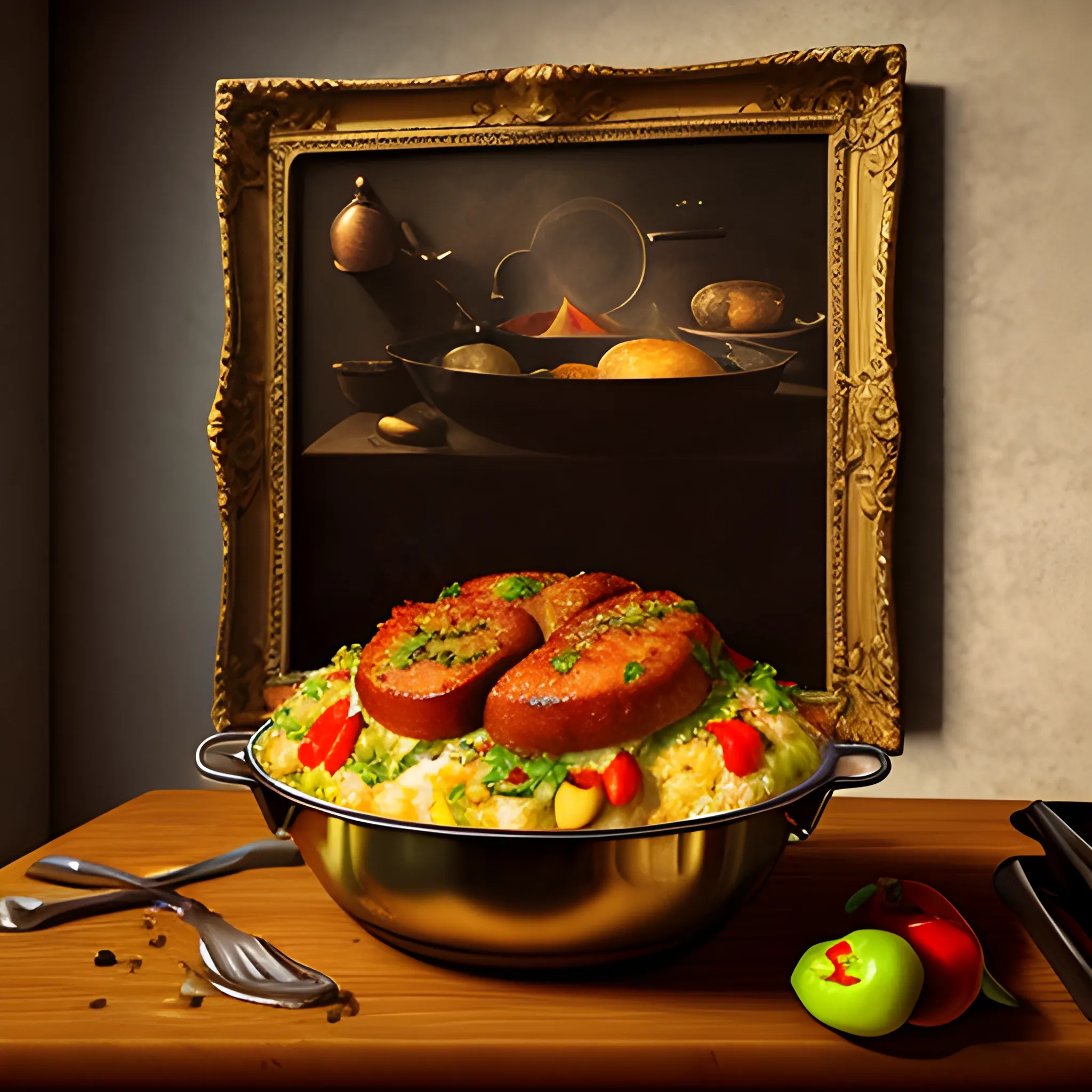 Cooking, delicious, shiny, food photography, art by Rembrandt., 3D