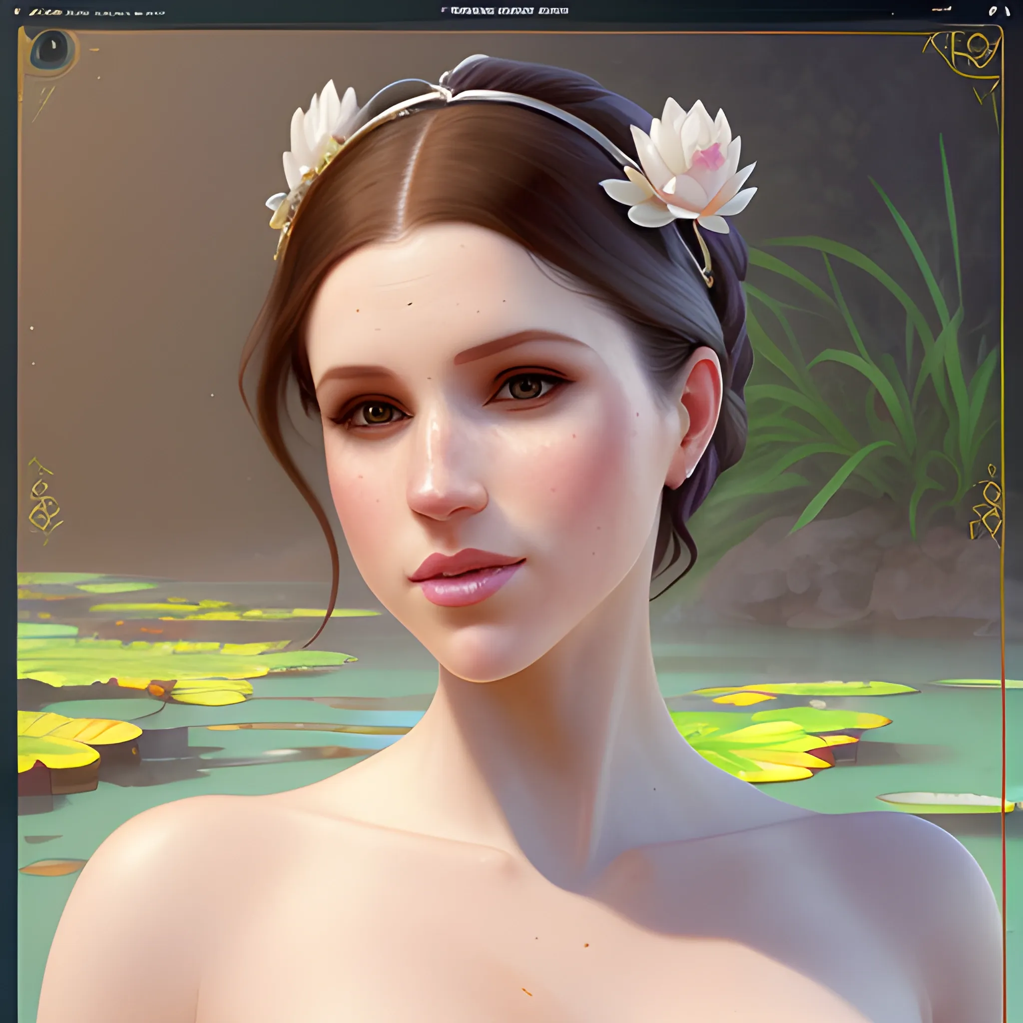 Meghan Markle / Anna Kendrick face morph at a lotus pond; highly detailed beautiful face; glitter, renaissance; high contrast, pastel, sorbet, pearlescent, underwater, surreal, Unreal Engine 5; by Dan Parent, Alphonse Mucha, Artgerm, WLOP, intricately detailed, fantasy, bizarre, beautiful, Chromolithography, Soft Shading, Unreal Engine; digital painting, smooth, sharp focus, illustration, art by lisa frank, Steve Goad, Frank Frazetta, William-Adolphe Bouguereau, Unreal Engine 5, Cartoon, 3D, Oil Painting, 3D