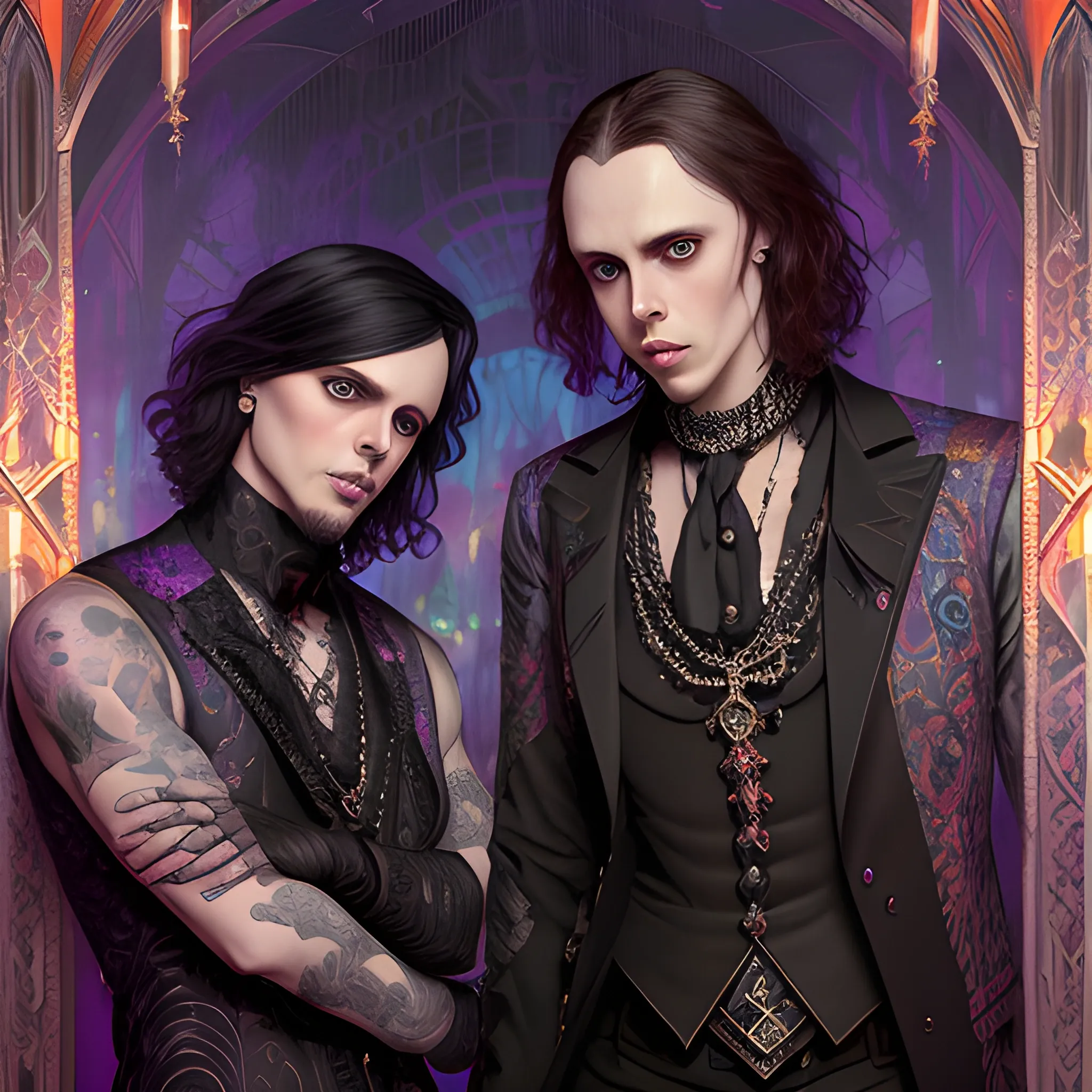 two men, Ville Valo and Tommy Cash at a gothic nightclub, highly detailed faces, modern American; by Lisa Frank, Daniel Gerhartz, Phil Noto art, Mucha, Manara; hyper-detailed, hyper-realistic, sharp focus; symmetrical face; textured shading, subtractive lighting, Unreal Engine, 3D