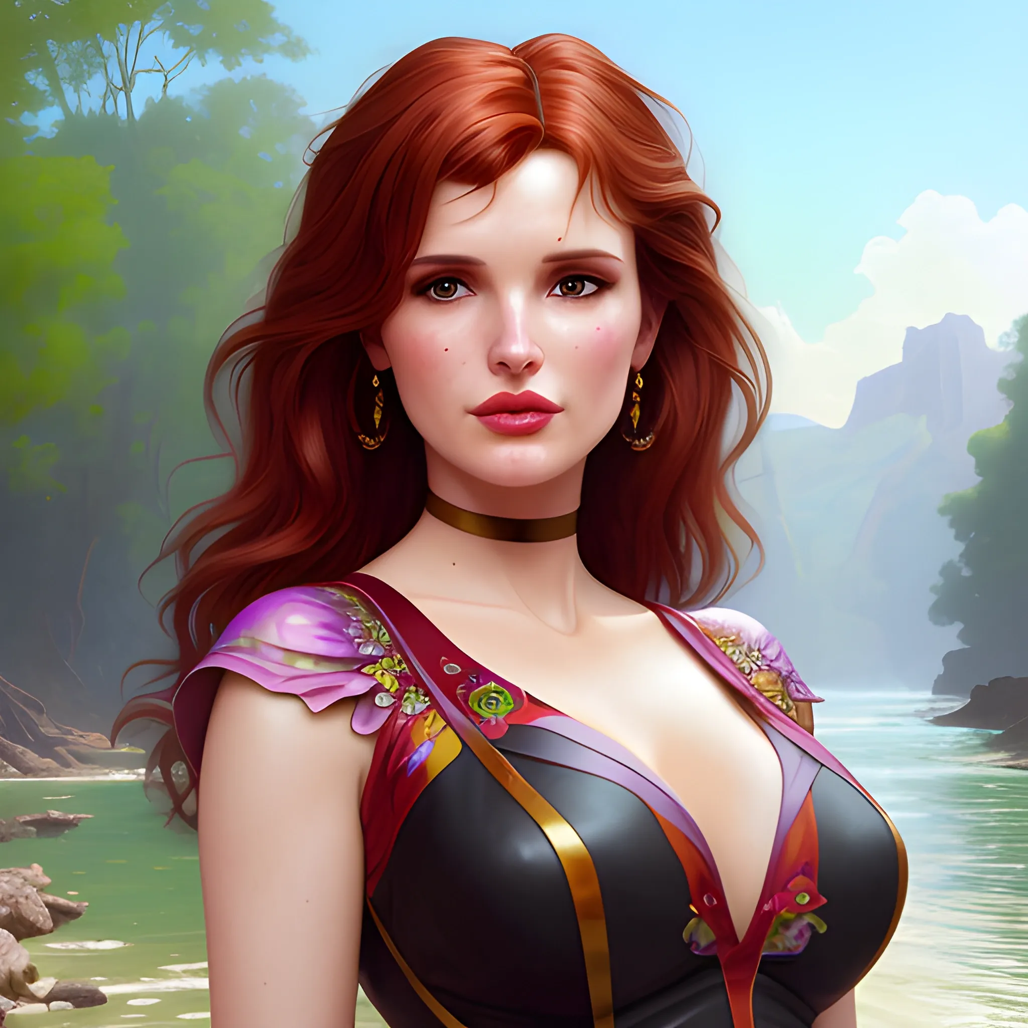 Bella Thorne / Geena Davis face morph by a river; highly detailed beautiful face, dark red hair; glitter, renaissance; high contrast, pastel, sorbet, pearlescent, Unreal Engine 5; by Dan Parent, Alphonse Mucha, Artgerm, WLOP, intricately detailed, fantasy, bizarre, beautiful, Chromolithography, Soft Shading, Unreal Engine; digital painting, smooth, sharp focus, illustration, art by lisa frank, Steve Goad, Frank Frazetta, William-Adolphe Bouguereau, Unreal Engine 5, Cartoon, 3D, Oil Painting, 3D