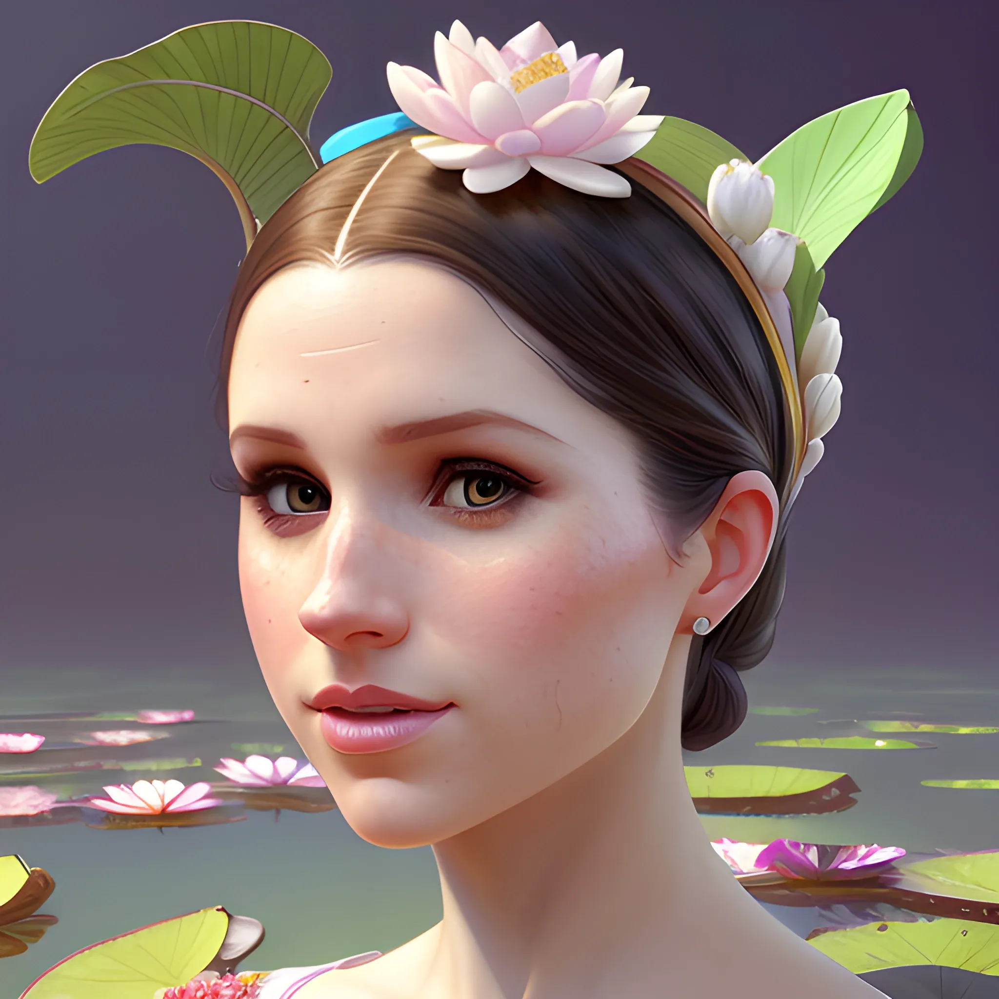 Meghan Markle / Anna Kendrick face morph at a lotus pond; highly detailed beautiful face; glitter, renaissance; high contrast, pastel, sorbet, pearlescent, underwater, surreal, Unreal Engine 5; by Dan Parent, Alphonse Mucha, Artgerm, WLOP, intricately detailed, fantasy, bizarre, beautiful, Chromolithography, Soft Shading, Unreal Engine; digital painting, smooth, sharp focus, illustration, art by lisa frank, Steve Goad, Frank Frazetta, William-Adolphe Bouguereau, Unreal Engine 5, Cartoon, 3D, Oil Painting, 3D