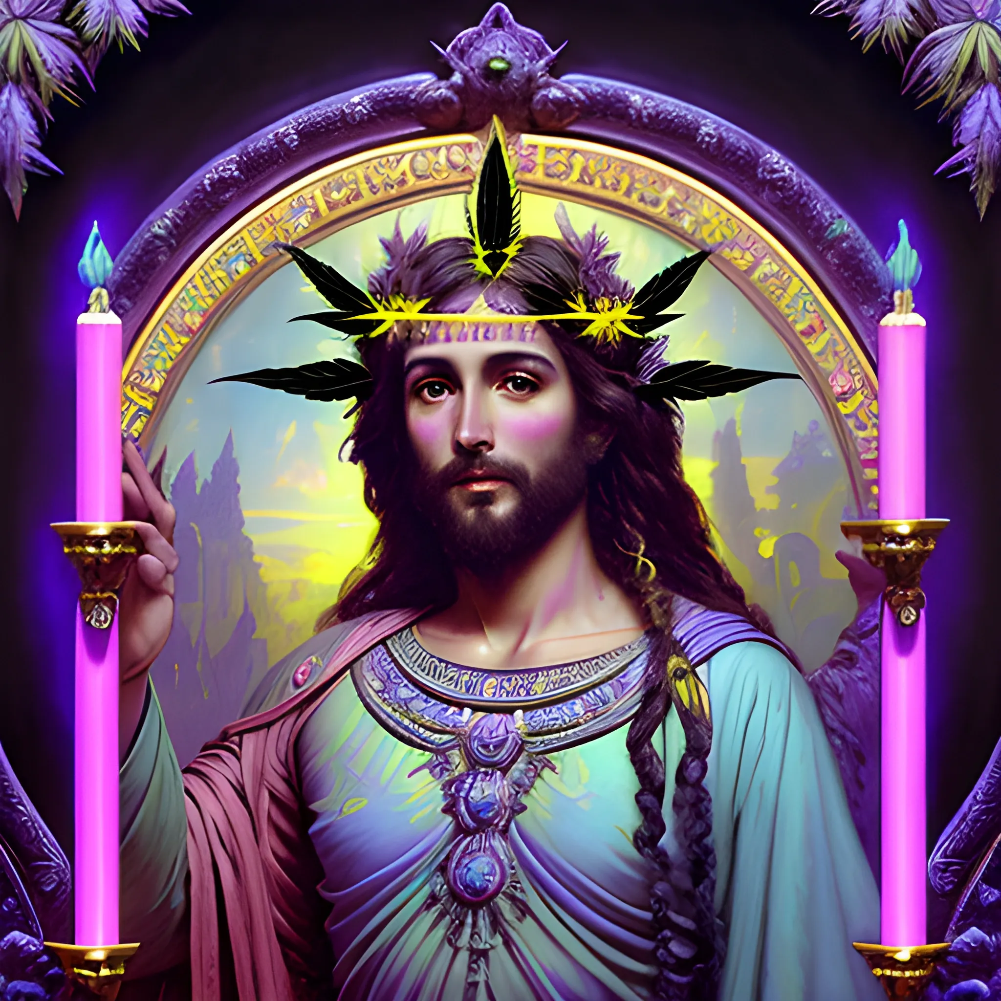 eoclassicist colorful blacklight uv highly detailed painting of Jesus as a marijuana goddess, ethereal fantasy hyperdetailed mist, maximalist matte painting, polished, realistic oil painting; old fashioned, vintage, antique; luminous color sparkles, marijuana, by gaston bussiere, craig mullins, j. c. leyendecker, norman rockwell