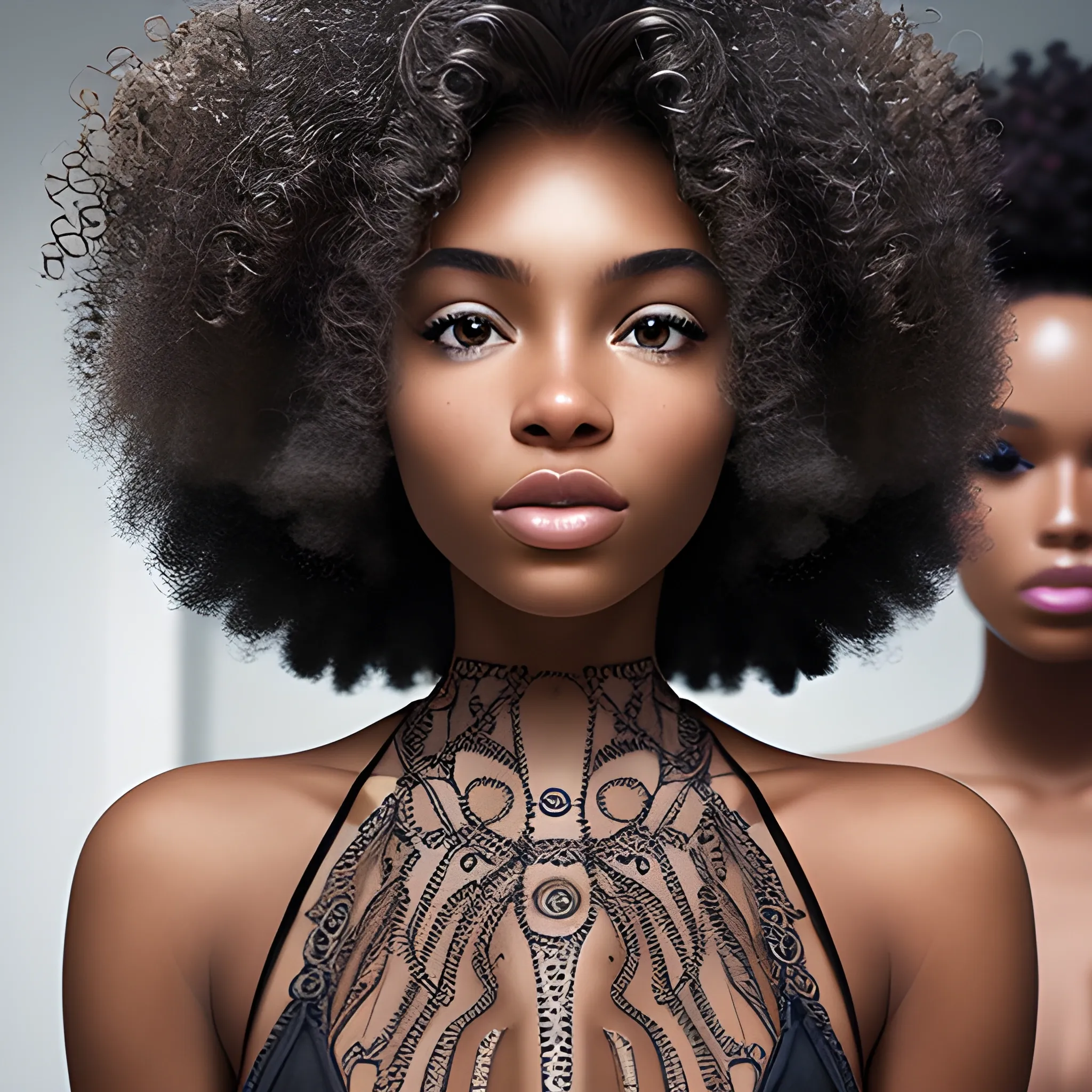 POV close-up shot of black model and model with curly hair with detailed elements, 3D