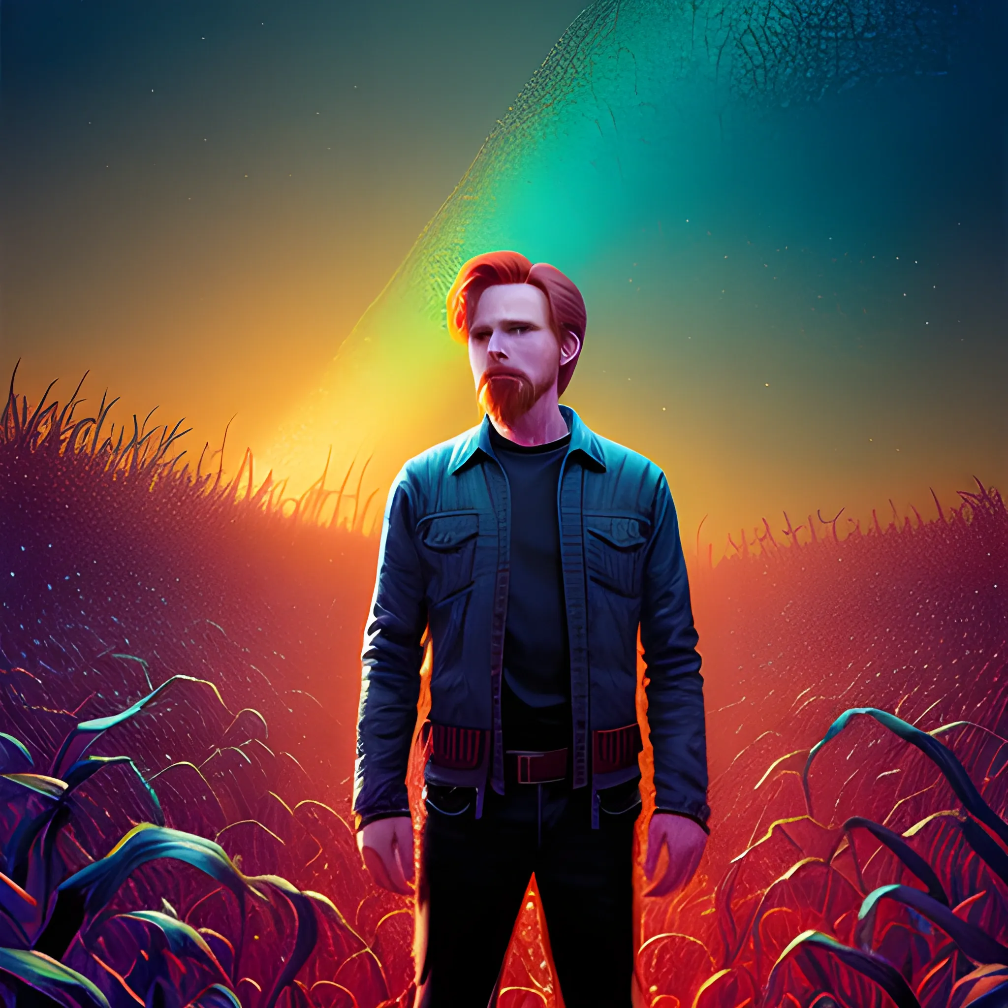 male actor Courtney Gains, his highly detailed handsome face, meticulously detailed multi-hued red hair, standing in tall corn, cornfield, nebula sky; by James R. Eads, Fausto-Giurescu, Tania Rivilis, Renata-s-art, Dan Mumford; luminous colorful sparkles, glitter, airbrush, depth of field, volumetric lighting, deep color, underground comix