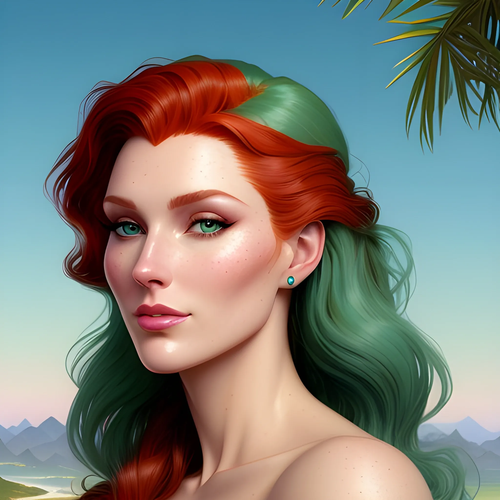 Elsa Hosk / Shanina Sheik / Robyn Lively face morph in a deep green pine tree forest; long, curly red hair, turquoise speckled green eyes, highly detailed beautiful face; glitter, high contrast, pastel, sorbet, pearlescent, by Dan Parent, Artgerm, WLOP, intricately detailed, fantasy, beautiful, Chromolithography, Soft Shading, Unreal Engine; digital painting, smooth, sharp focus, illustration, art by lisa frank, Steve Goad, Frank Frazetta, William-Adolphe Bouguereau, Unreal Engine 5, Cartoon, 3D, Oil Painting, castle, sunset