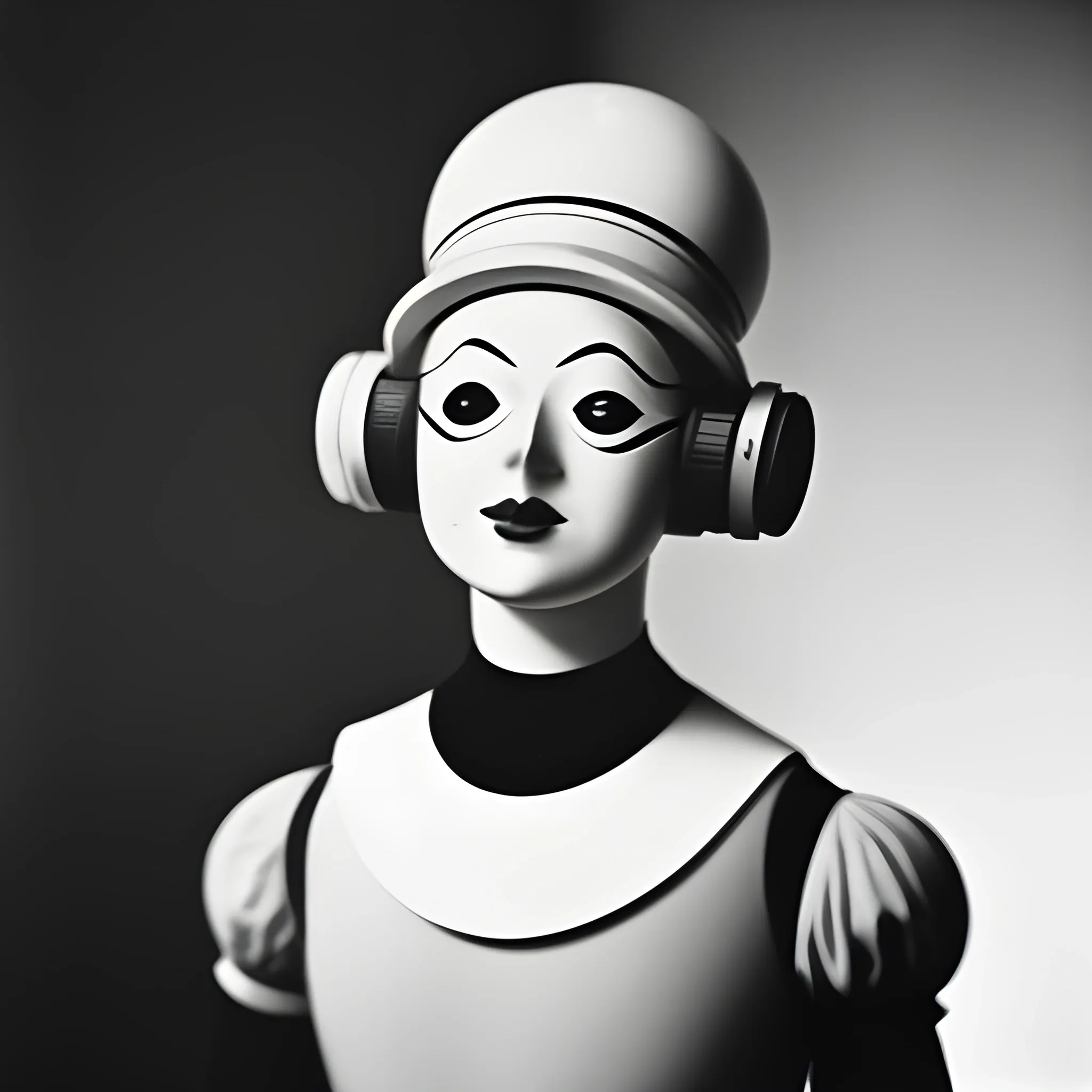 photography, hyperrealistic style, real, social photo, old from the 1930s, character from Oskar Schlemmer's Triadic ballet, front lighting, hard light, shutter speed 1/500s, depth of field f16, ISO 3200, spot metering, a lot dynamic range, correct exposure, 135 mm, taken with Voigtländer Bessa camera