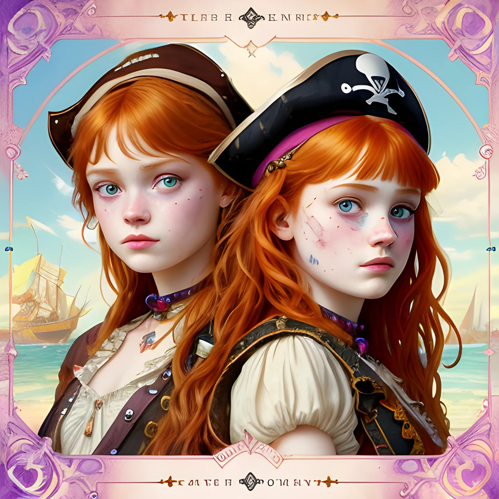 Sadie Sink and Bella Thorne doing cosplay as pirates, highly detailed faces, modern American; by Lisa Frank, Daniel Gerhartz, Phil Noto art, Mucha, Manara; hyper-detailed, hyper-realistic, sharp focus; symmetrical face; textured shading, subtractive lighting, Unreal Engine