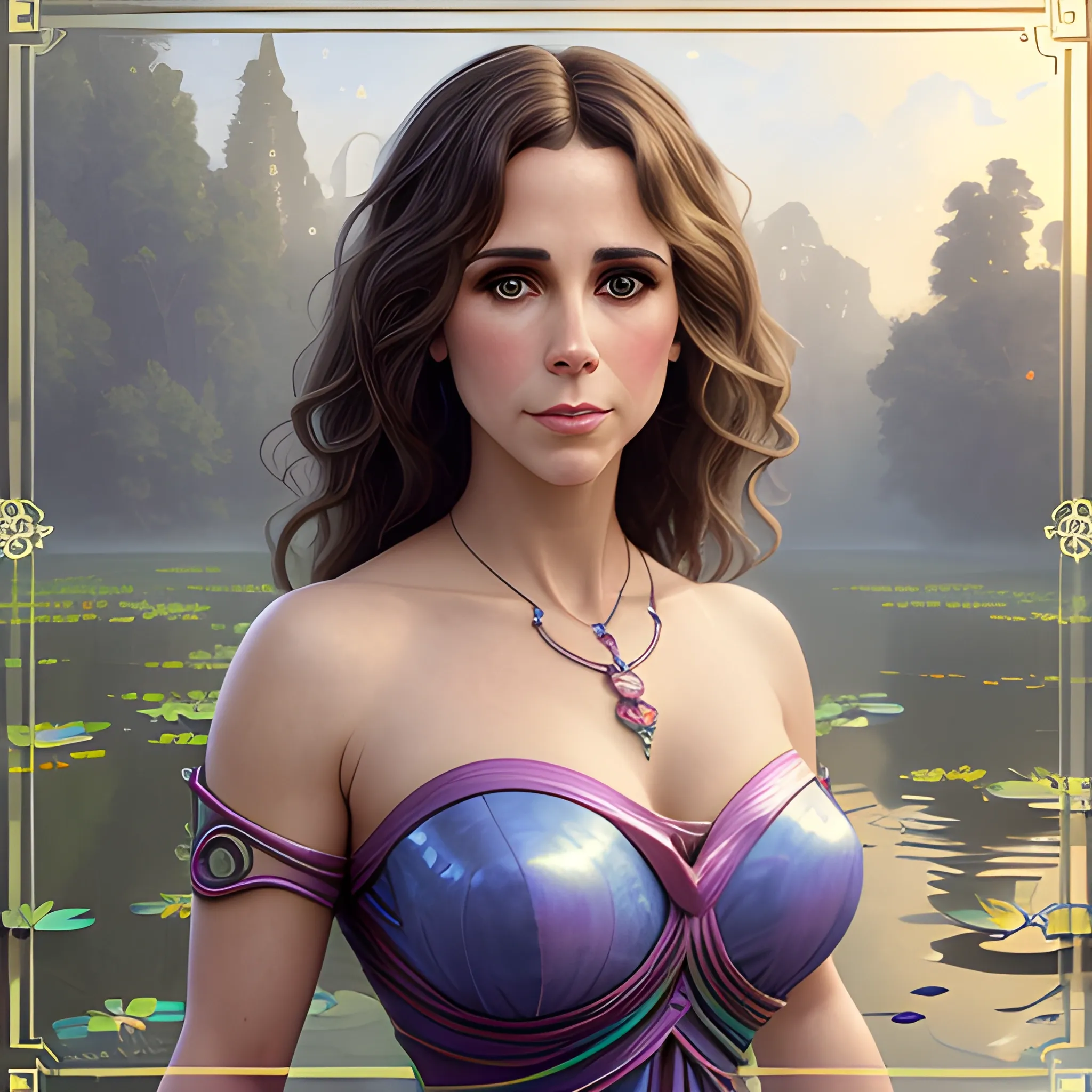 Jennifer Love Hewitt / Keri Russell face morph at a lotus pond; highly detailed beautiful face; glitter, renaissance; high contrast, pastel, sorbet, pearlescent, underwater, surreal, Unreal Engine 5; by Dan Parent, Alphonse Mucha, Artgerm, WLOP, intricately detailed, fantasy, bizarre, beautiful, Chromolithography, Soft Shading, Unreal Engine; digital painting, smooth, sharp focus, illustration, art by lisa frank, Steve Goad, Frank Frazetta, William-Adolphe Bouguereau, Unreal Engine 5, Cartoon, 3D, Oil Painting, 3D