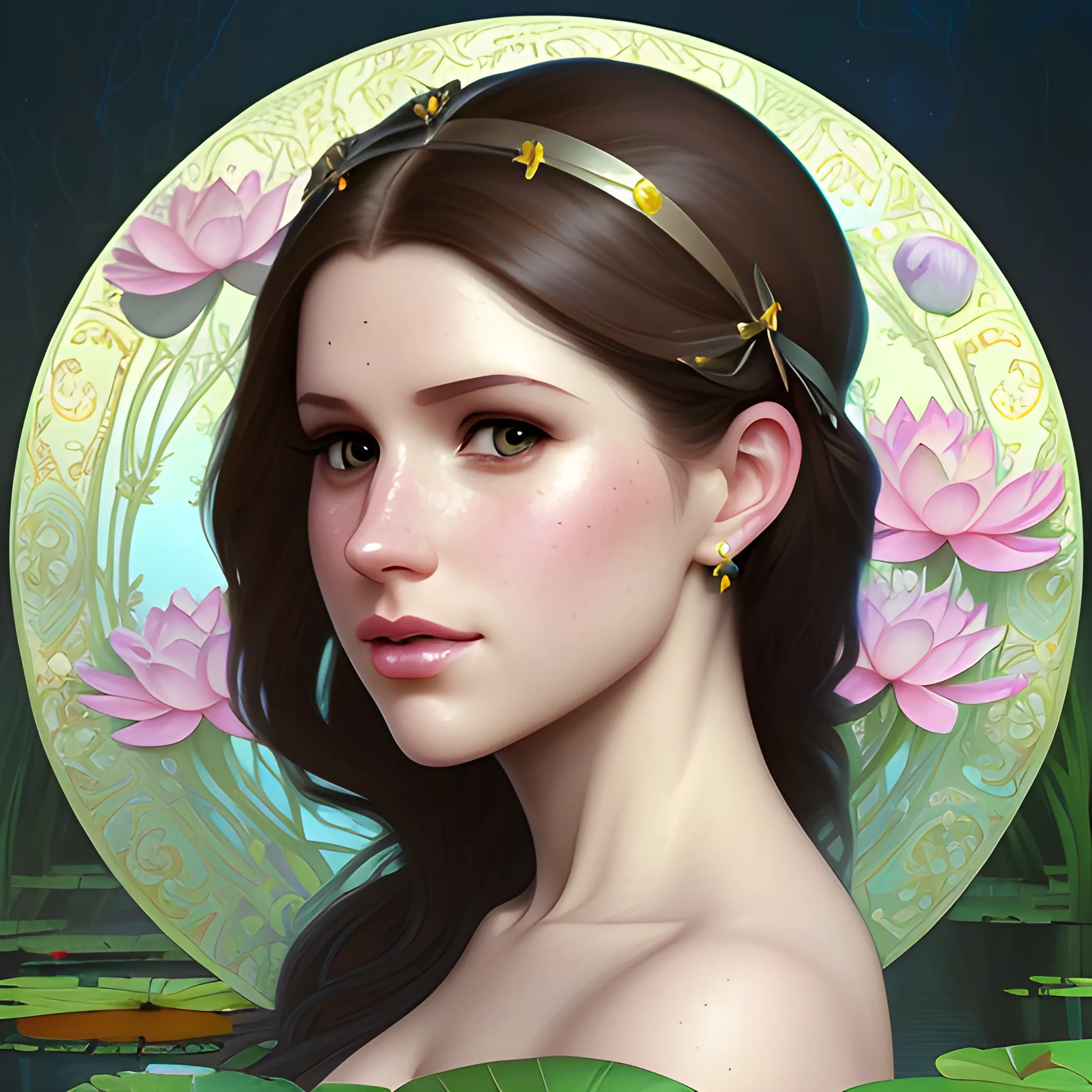 Meghan Markle / Anna Kendrick face morph at a lotus pond; highly detailed beautiful face; glitter, renaissance; high contrast, pastel, sorbet, pearlescent, underwater, surreal, Unreal Engine 5; by Dan Parent, Alphonse Mucha, Artgerm, WLOP, intricately detailed, fantasy, bizarre, beautiful, Chromolithography, Soft Shading, Unreal Engine; digital painting, smooth, sharp focus, illustration, art by lisa frank, Steve Goad, Frank Frazetta, William-Adolphe Bouguereau, Unreal Engine 5, Cartoon, 3D, Oil Painting, 3D