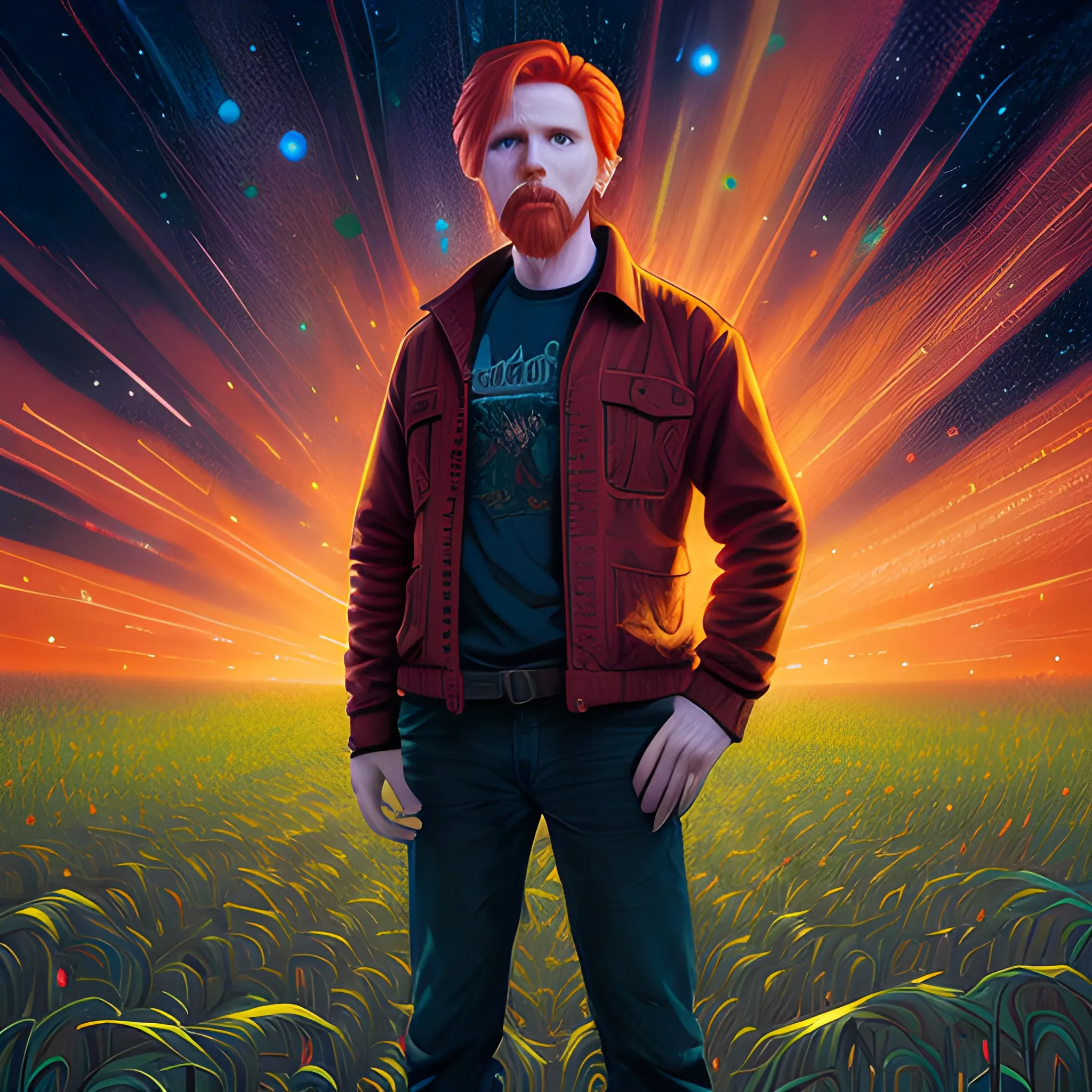 male actor Courtney Gains, his highly detailed handsome face, meticulously detailed multi-hued red hair, standing in tall corn, cornfield, nebula sky, staryy night; by James R. Eads, Fausto-Giurescu, Tania Rivilis, Renata-s-art, Dan Mumford; luminous colorful sparkles, glitter, airbrush, depth of field, volumetric lighting, deep color, underground comix