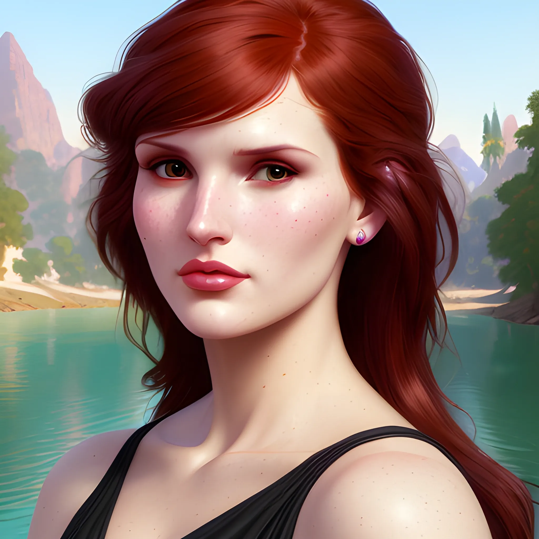 Bella Thorne / Geena Davis face morph by a river; highly detailed beautiful face, dark red hair; glitter, renaissance; high contrast, pastel, sorbet, pearlescent, Unreal Engine 5; by Dan Parent, Alphonse Mucha, Artgerm, WLOP, intricately detailed, fantasy, bizarre, beautiful, Chromolithography, Soft Shading, Unreal Engine; digital painting, smooth, sharp focus, illustration, art by lisa frank, Steve Goad, Frank Frazetta, William-Adolphe Bouguereau, Unreal Engine 5, Cartoon, 3D, Oil Painting, 3D