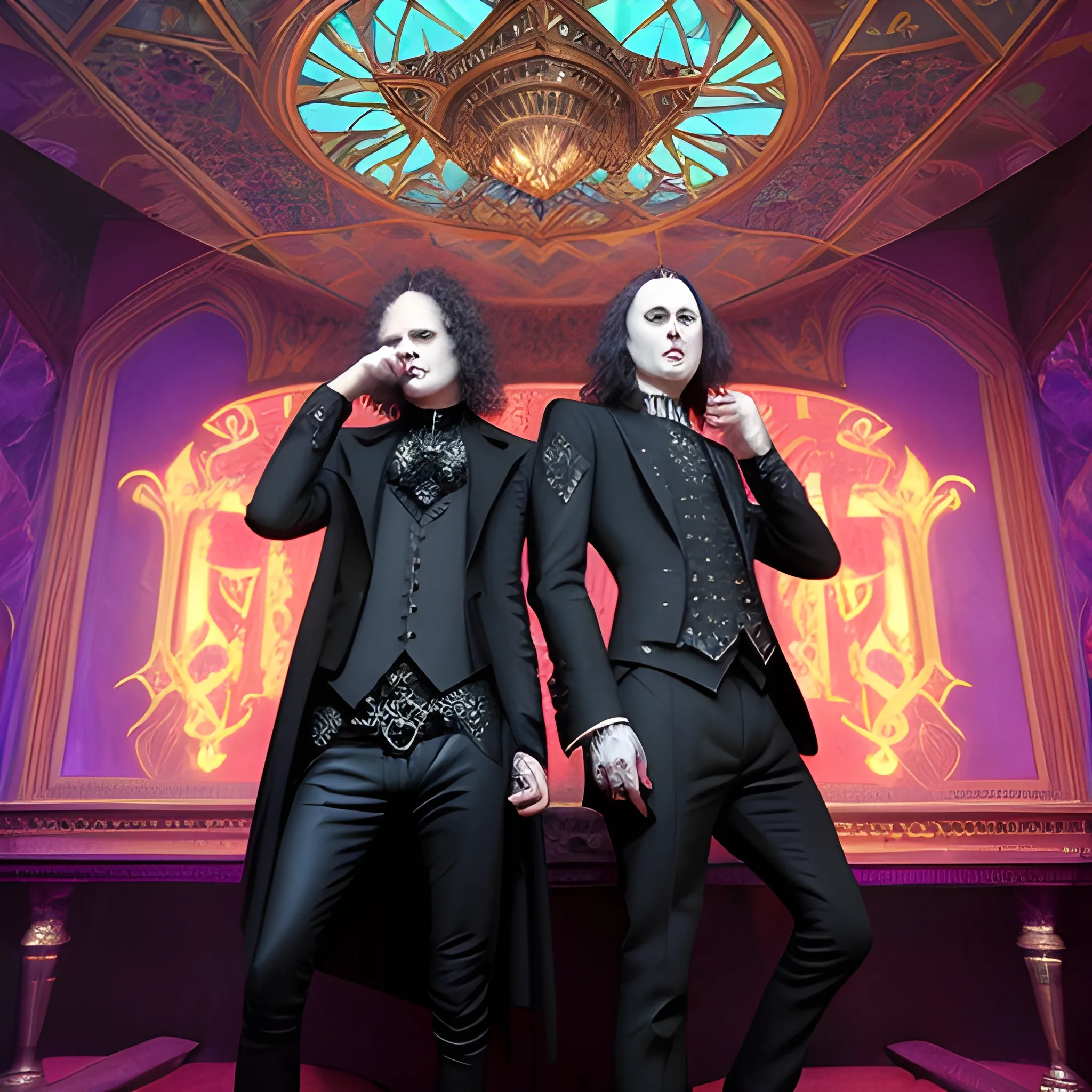 two men, Ville Valo and Tommy Cash at a gothic nightclub, highly detailed faces, modern American; by Lisa Frank, Daniel Gerhartz, Phil Noto art, Mucha, Manara; hyper-detailed, hyper-realistic, sharp focus; symmetrical face; textured shading, subtractive lighting, Unreal Engine, 3D