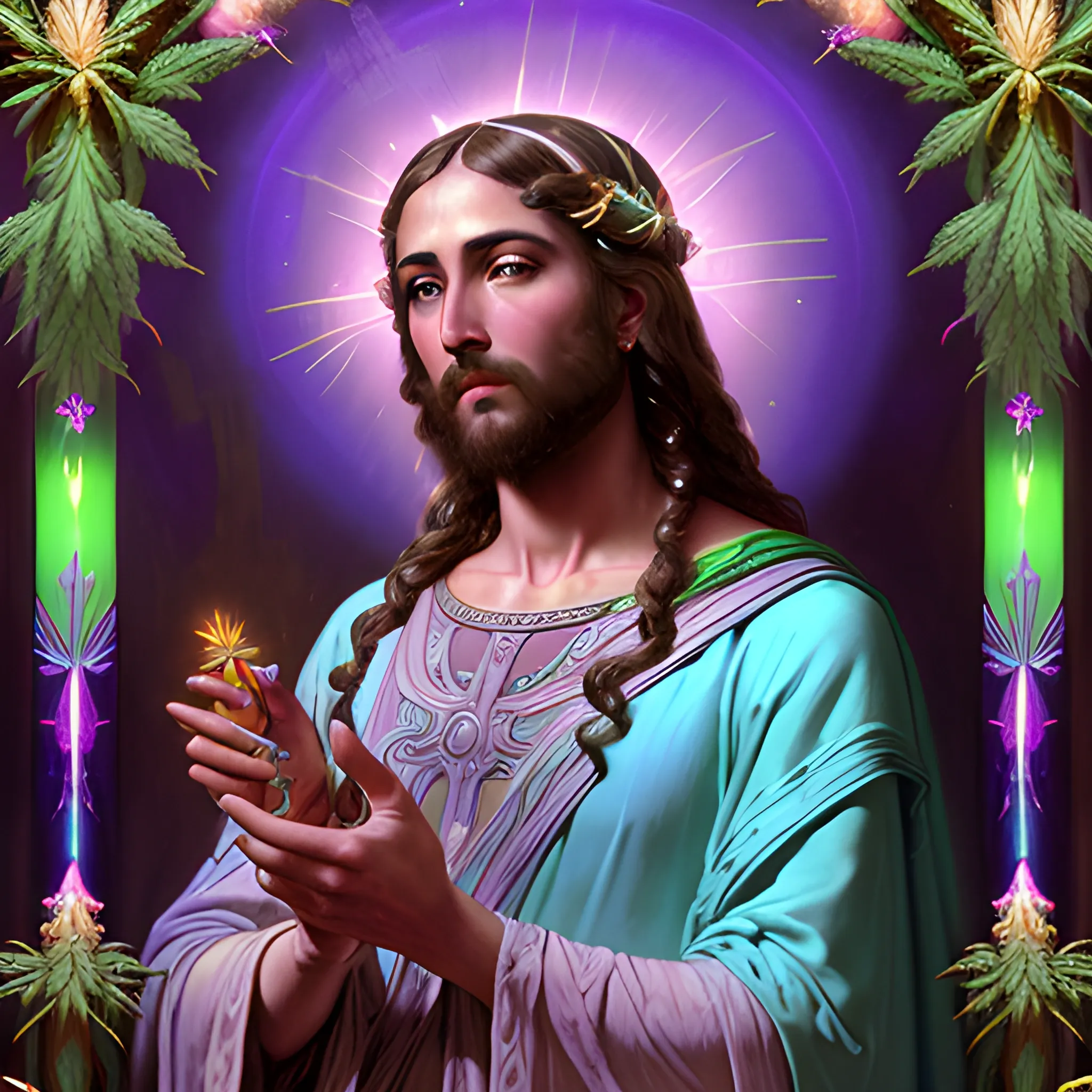 eoclassicist colorful blacklight uv highly detailed painting of Jesus as a marijuana goddess, ethereal fantasy hyperdetailed mist, maximalist matte painting, polished, realistic oil painting; old fashioned, vintage, antique; luminous color sparkles, marijuana, by gaston bussiere, craig mullins, j. c. leyendecker, norman rockwell