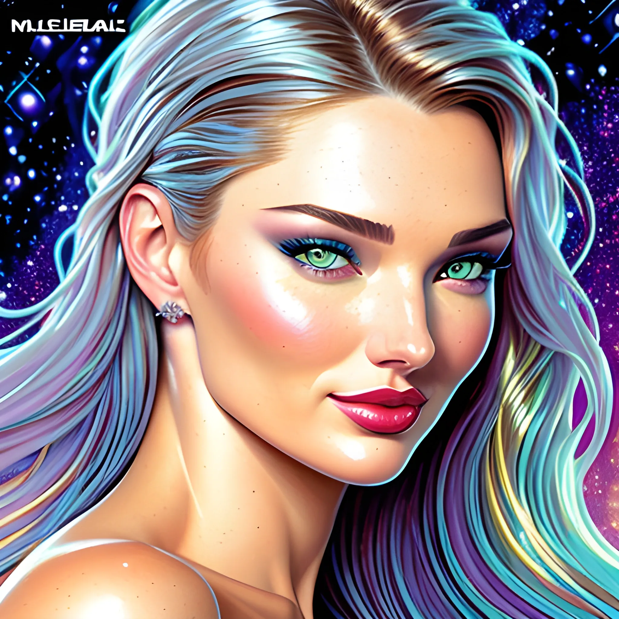 young Miranda Kerr / Candice Swanepoel / Elsa Hosk face morph, her highly detailed attractive face, meticulously detailed, multi-hued white-blond-red hair, blue-green eyes, dimple; supermodel, Victoria's Secret angel; by James R. Eads, Fausto-Giurescu, Tania Rivilis, Maxfield Parrish, Alphonse Mucha, Dan Mumford; luminous colorful sparkles, glitter, airbrush, depth of field, volumetric lighting Jason Beam art, Julie Bell art, Scott M Fischer, Neysa McMein, 3D