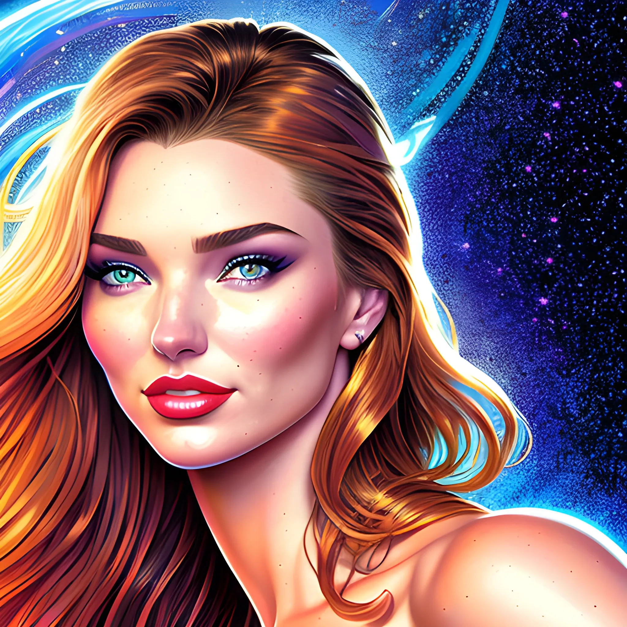 young Miranda Kerr / Candice Swanepoel / Elsa Hosk face morph, her highly detailed attractive face, meticulously detailed, multi-hued white-blond-red hair, blue-green eyes, dimple; supermodel, Victoria's Secret angel; by James R. Eads, Fausto-Giurescu, Tania Rivilis, Maxfield Parrish, Alphonse Mucha, Dan Mumford; luminous colorful sparkles, glitter, airbrush, depth of field, volumetric lighting Jason Beam art, Julie Bell art, Scott M Fischer, Neysa McMein, 3D