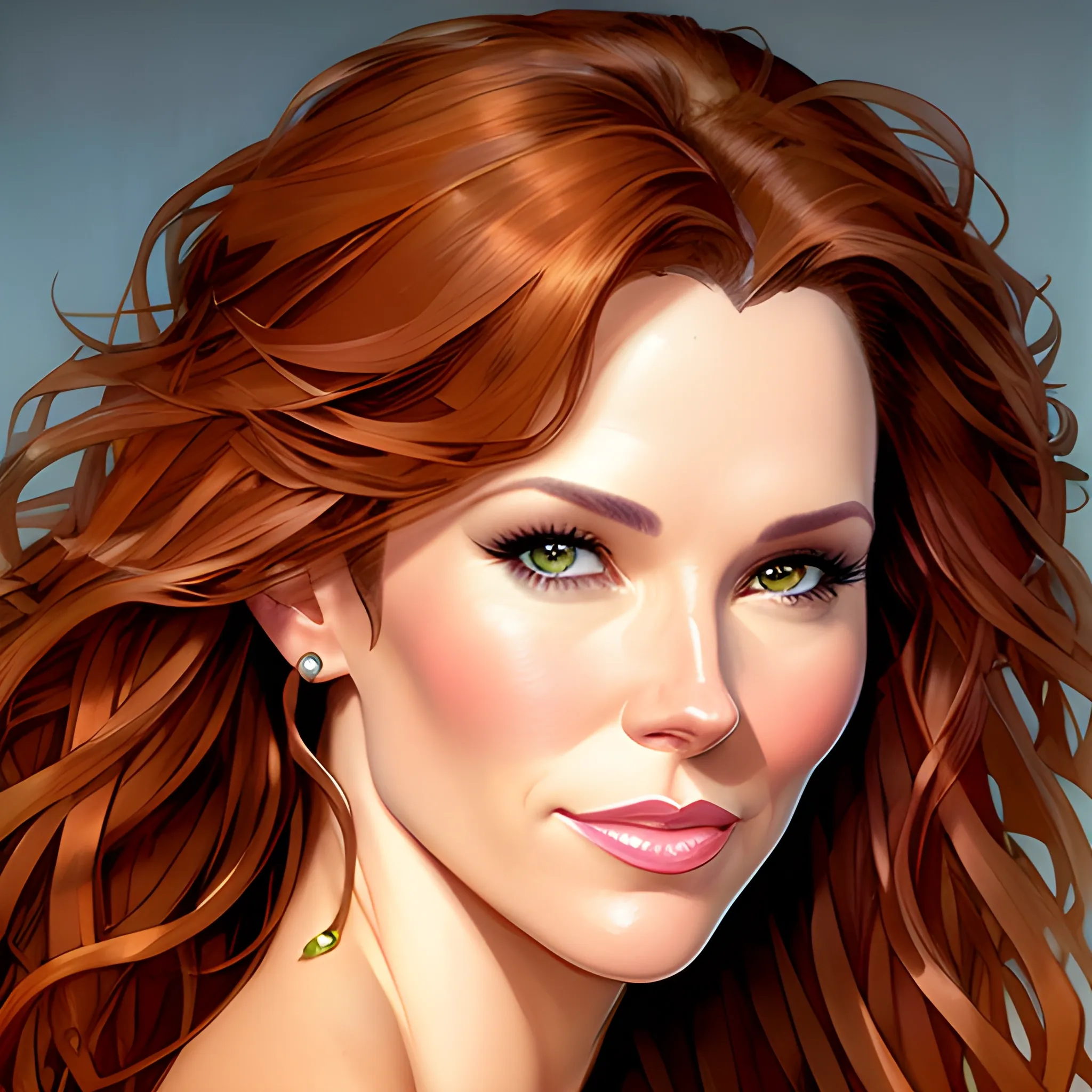 Young Robyn Lively with a beautiful and highly detailed face, brown eyes; modern American; by Lisa Frank, Daniel Gerhartz, phil noto, sienkiewicz, mucha, jim lee, manara; hyper-detailed, hyper-realistic, sharp focus; symmetrical face; textured shading, subtractive lighting, Unreal Engine, sharp focus