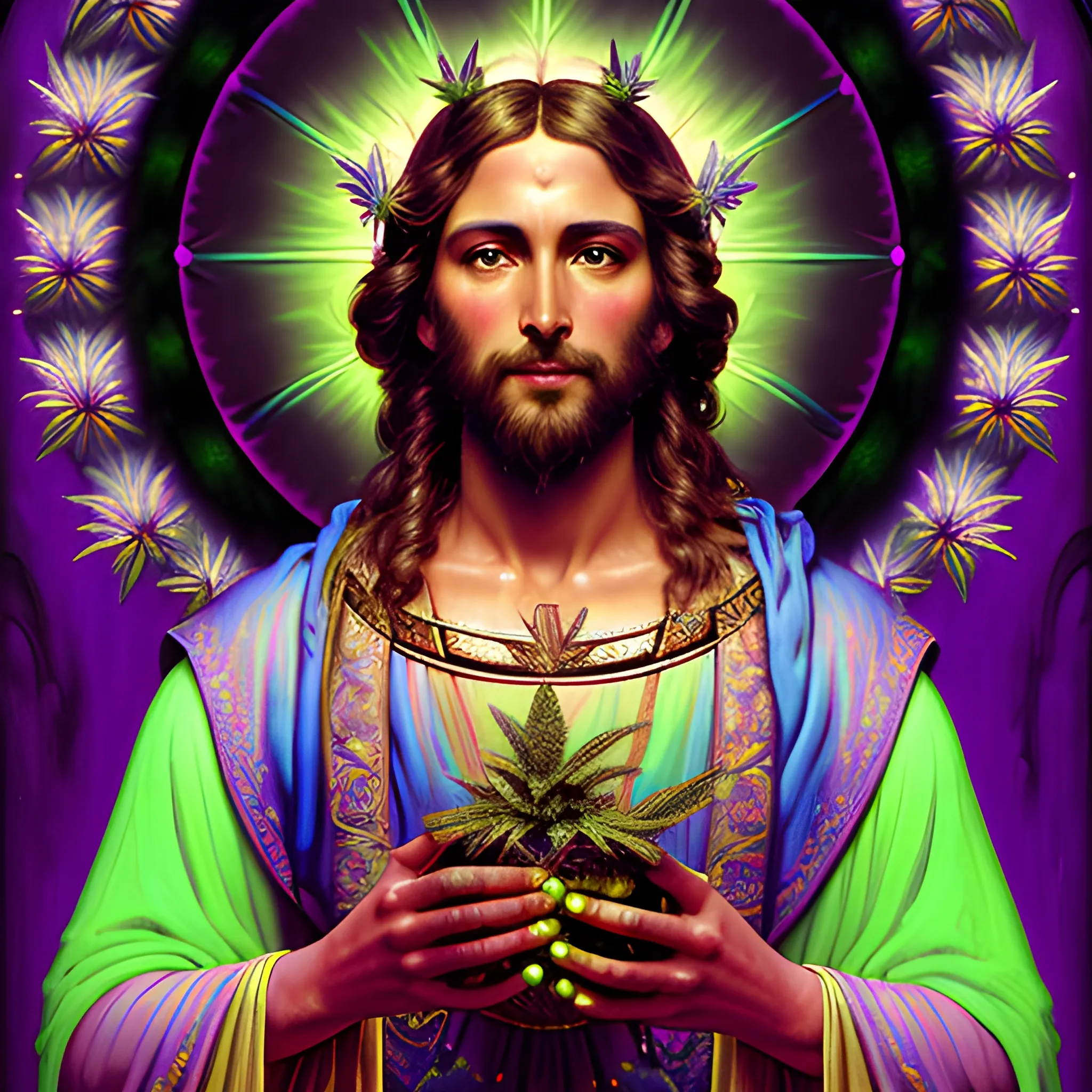 eoclassicist colorful blacklight uv highly detailed painting of Jesus as a marijuana goddess, ethereal fantasy hyperdetailed mist, maximalist matte painting, polished, realistic oil painting; old fashioned, vintage, antique; luminous color sparkles, marijuana, by gaston bussiere, craig mullins, j. c. leyendecker, norman rockwell