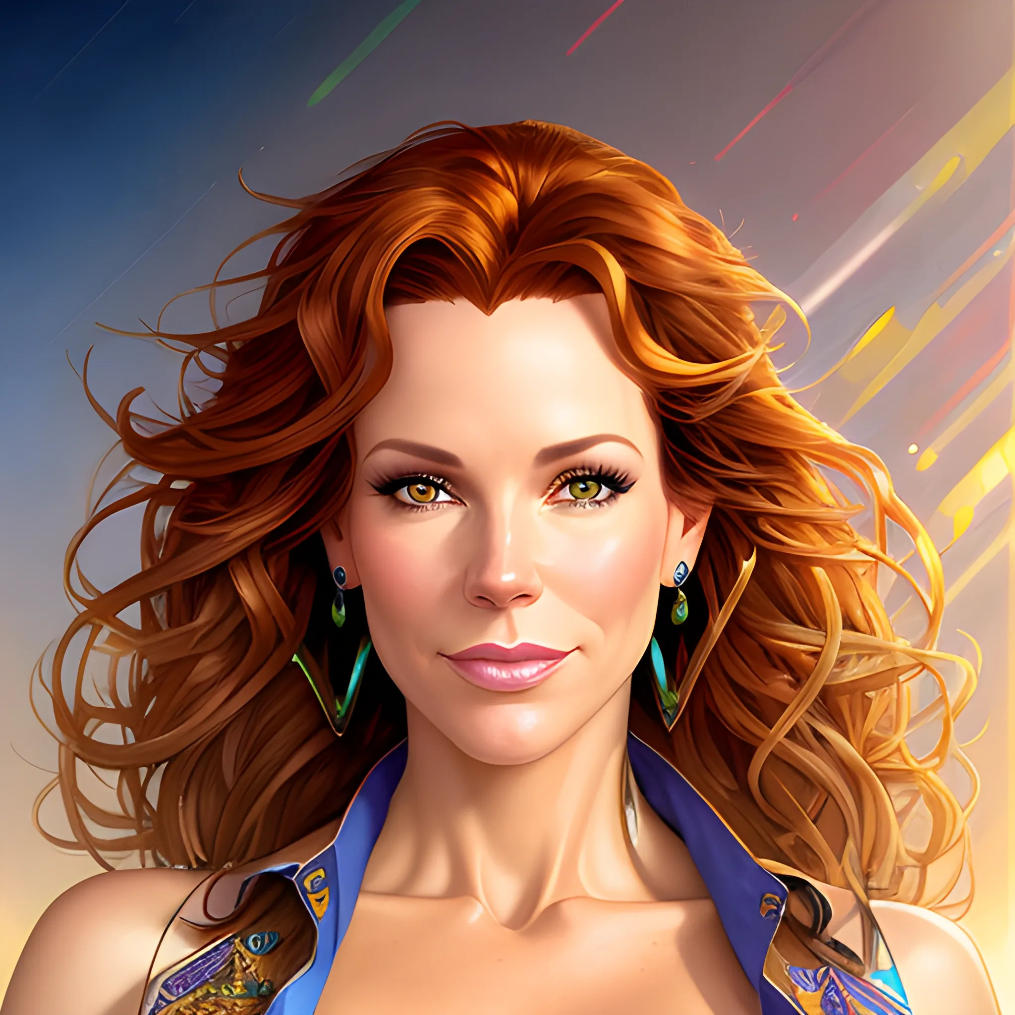 Young Robyn Lively with a beautiful and highly detailed face, brown eyes; modern American; by Lisa Frank, Daniel Gerhartz, phil noto, sienkiewicz, mucha, jim lee, manara; hyper-detailed, hyper-realistic, sharp focus; symmetrical face; textured shading, subtractive lighting, Unreal Engine, sharp focus