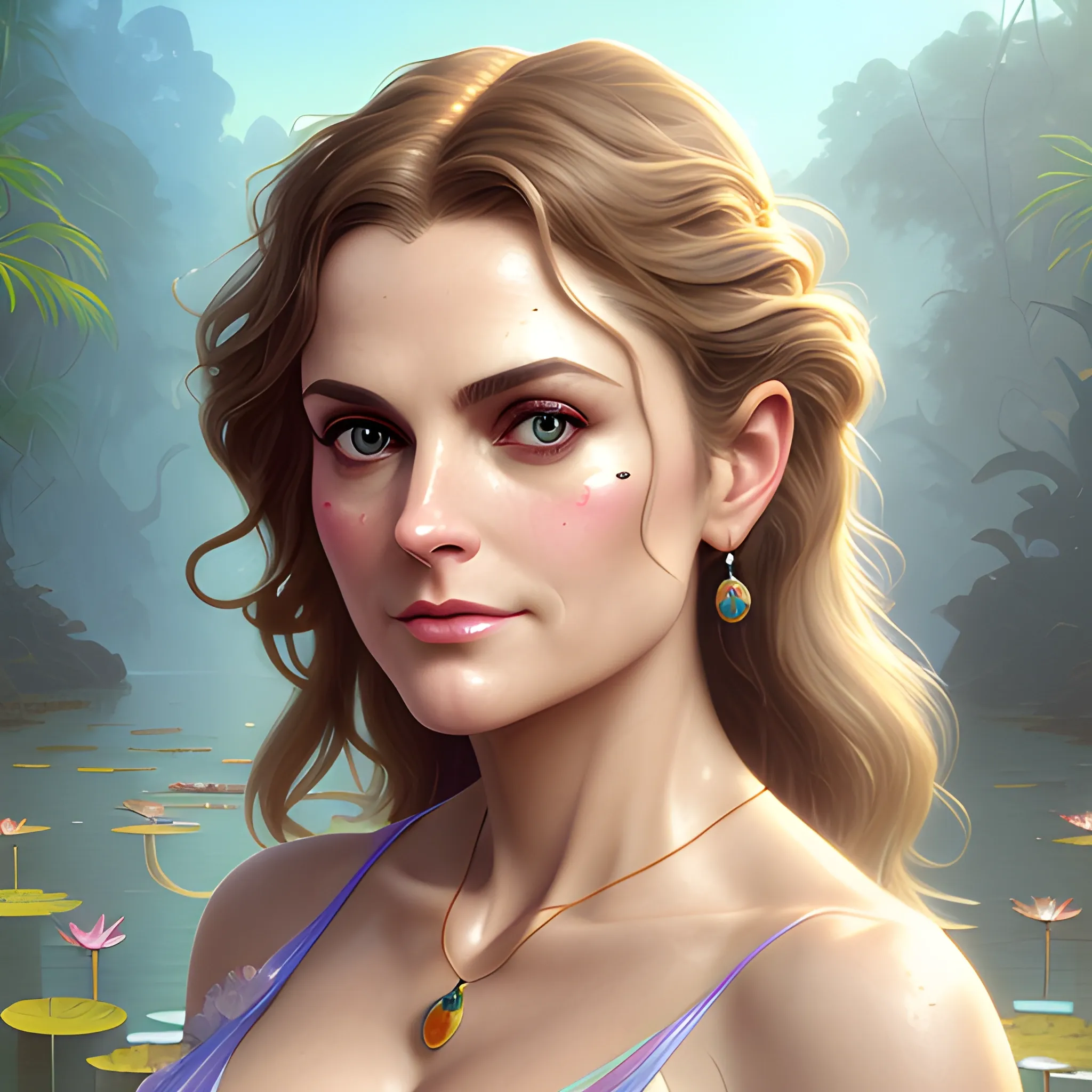 Heather Graham / Keri Russell face morph at a lotus pond; highly detailed beautiful face; glitter, renaissance; high contrast, pastel, sorbet, pearlescent, underwater, surreal, Unreal Engine 5; by Dan Parent, Alphonse Mucha, Artgerm, WLOP, intricately detailed, fantasy, bizarre, beautiful, Chromolithography, Soft Shading, Unreal Engine; digital painting, smooth, sharp focus, illustration, art by lisa frank, Steve Goad, Frank Frazetta, William-Adolphe Bouguereau, Unreal Engine 5, Cartoon, 3D, Oil Painting, 3D