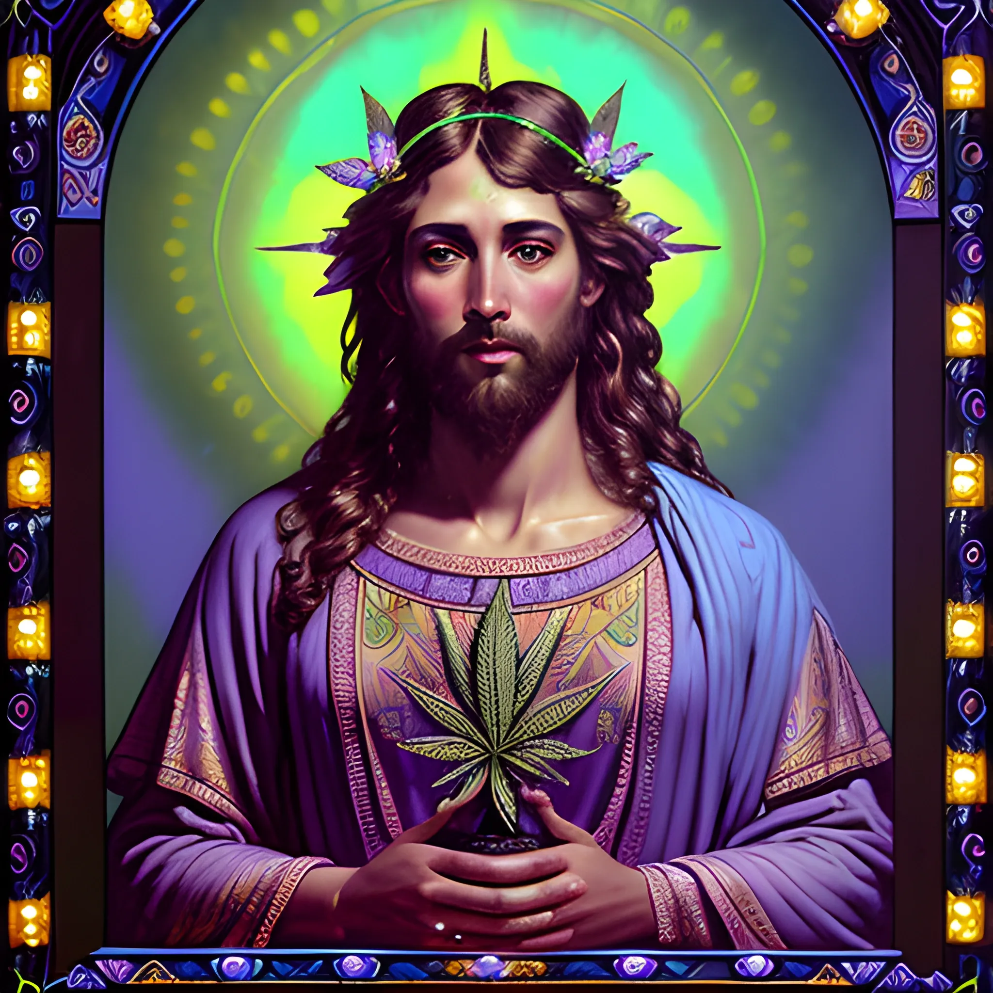 eoclassicist colorful blacklight uv highly detailed painting of Jesus as a marijuana goddess, ethereal fantasy hyperdetailed mist, maximalist matte painting, polished, realistic oil painting; old fashioned, vintage, antique; luminous color sparkles, marijuana, by gaston bussiere, craig mullins, j. c. leyendecker, norman rockwell