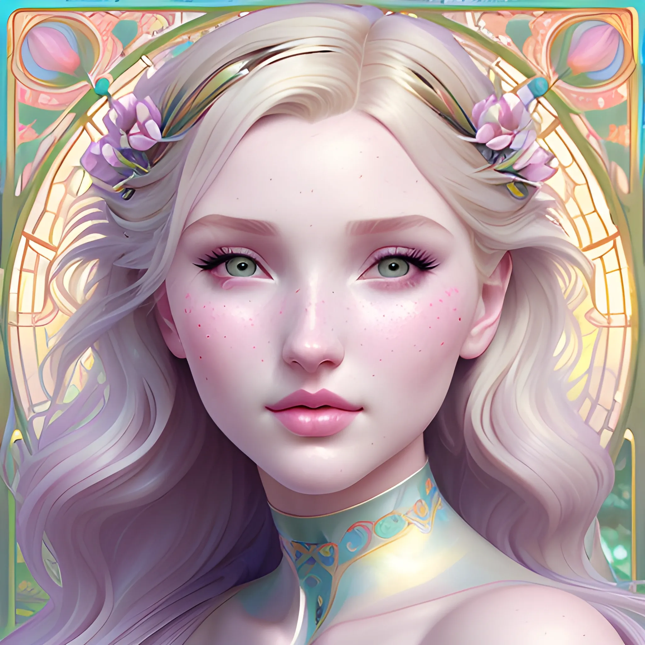 Elsa Hosk / Dove Cameron face morph at a lotus pond; highly detailed beautiful face; glitter, renaissance; high contrast, pastel, sorbet, pearlescent, Unreal Engine 5; by Dan Parent, Alphonse Mucha, Artgerm, WLOP, intricately detailed, fantasy, bizarre, beautiful, Chromolithography, Soft Shading, Unreal Engine; digital painting, smooth, sharp focus, illustration, art by lisa frank, Steve Goad, Frank Frazetta, William-Adolphe Bouguereau, Unreal Engine 5, Cartoon, 3D, Oil Painting