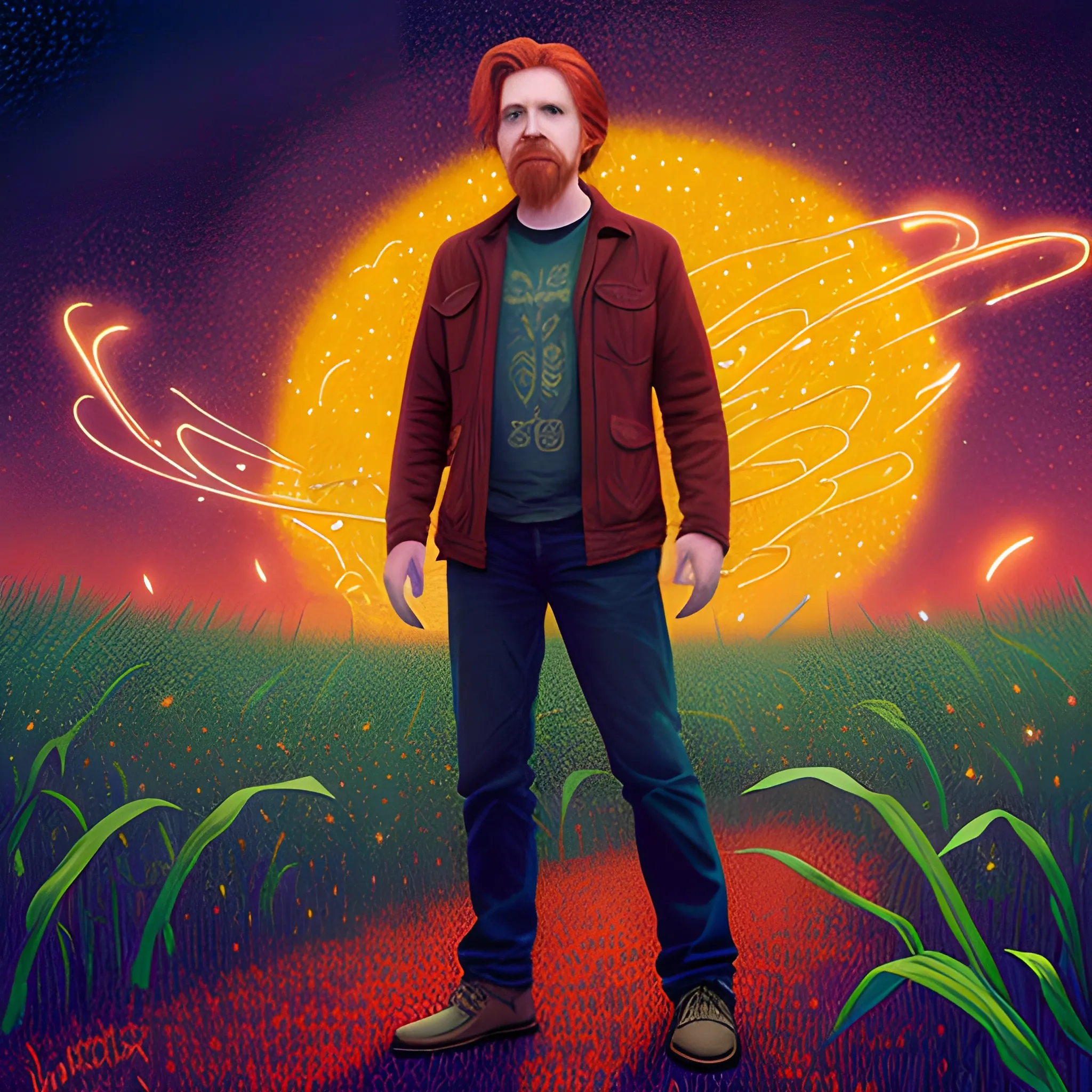 male actor Courtney Gains, his highly detailed handsome face, meticulously detailed multi-hued red hair, standing in tall corn, cornfield, nebula sky, staryy night; by James R. Eads, Fausto-Giurescu, Tania Rivilis, Renata-s-art, Dan Mumford; luminous colorful sparkles, glitter, airbrush, depth of field, volumetric lighting, deep color, underground comix