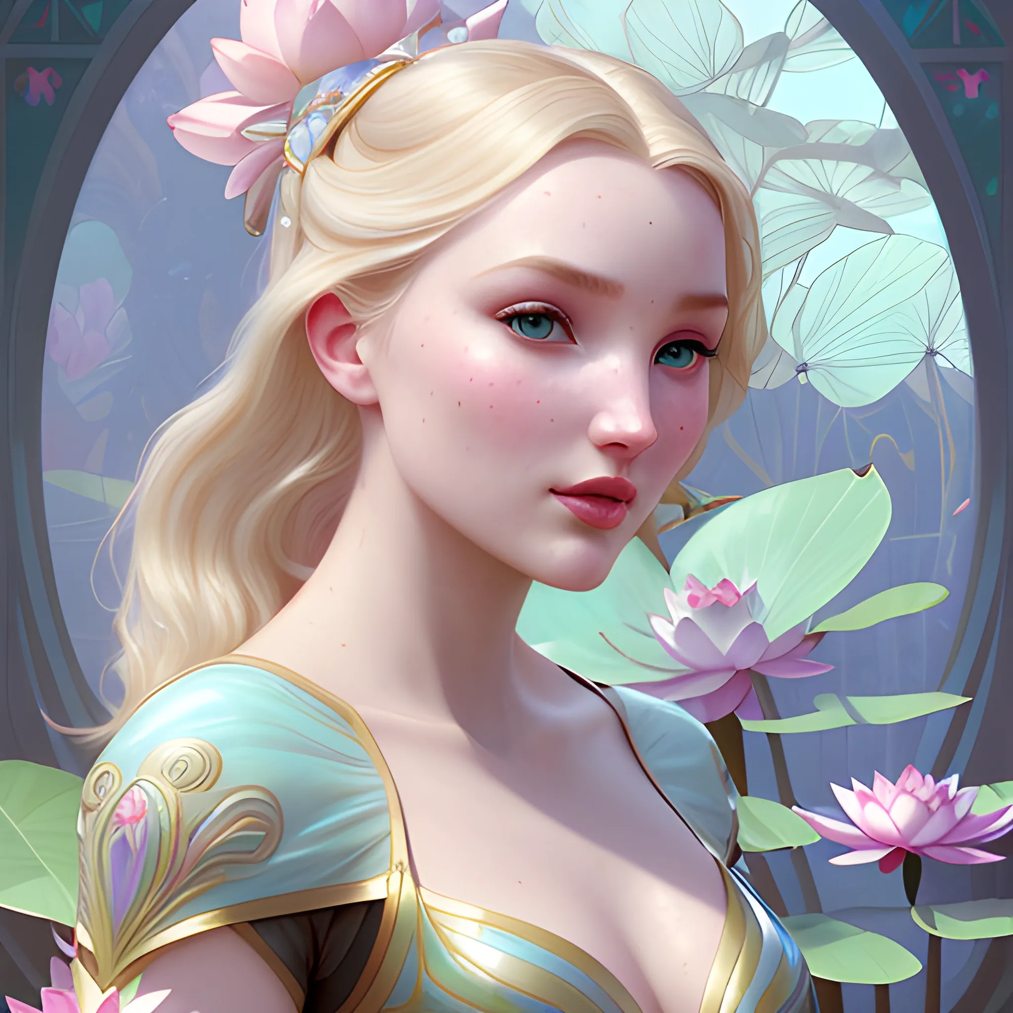 Elsa Hosk / Dove Cameron face morph at a lotus pond; highly detailed beautiful face; glitter, renaissance; high contrast, pastel, sorbet, pearlescent, Unreal Engine 5; by Dan Parent, Alphonse Mucha, Artgerm, WLOP, intricately detailed, fantasy, bizarre, beautiful, Chromolithography, Soft Shading, Unreal Engine; digital painting, smooth, sharp focus, illustration, art by lisa frank, Steve Goad, Frank Frazetta, William-Adolphe Bouguereau, Unreal Engine 5, Cartoon, 3D, Oil Painting