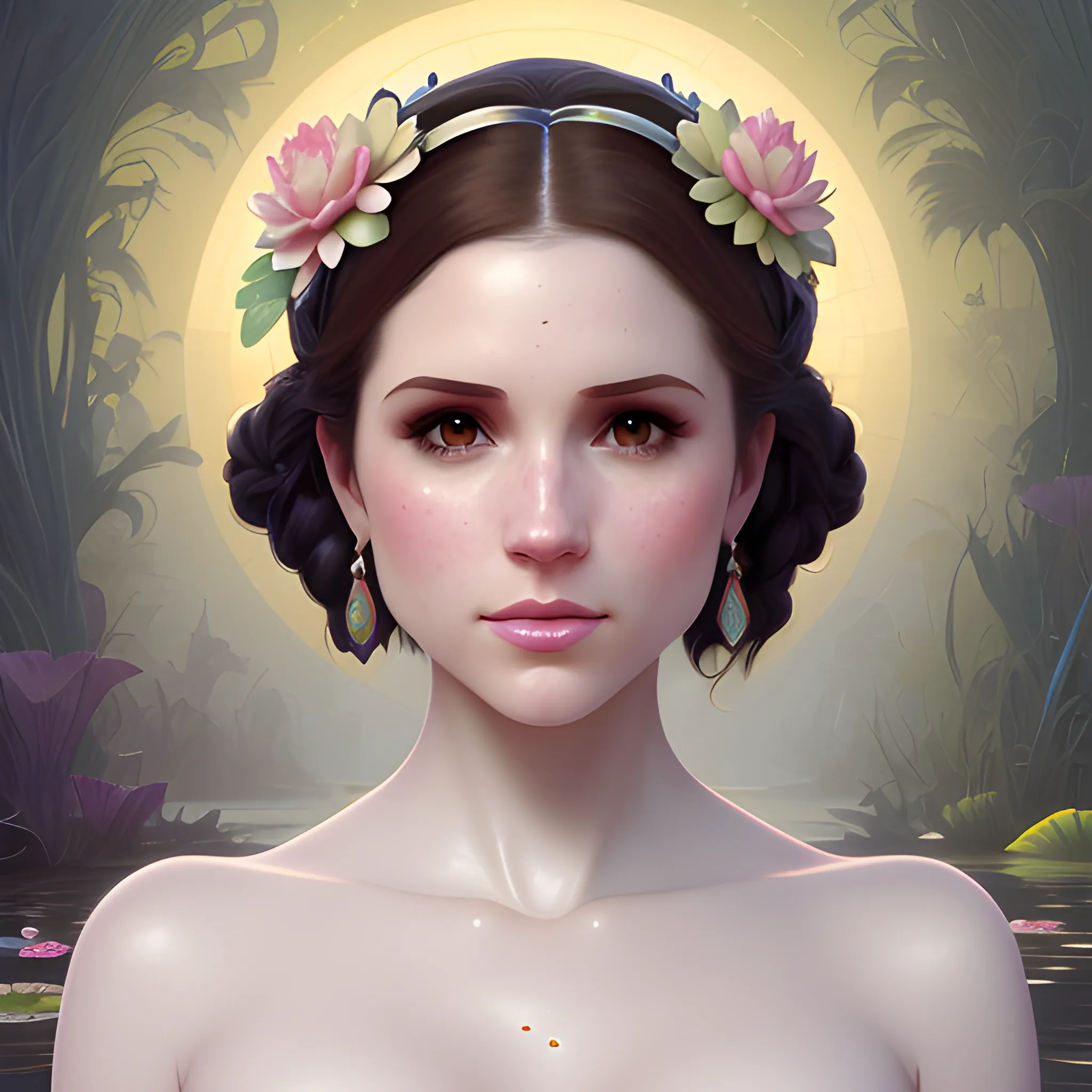 Meghan Markle / Anna Kendrick face morph at a lotus pond; highly detailed beautiful face; glitter, renaissance; high contrast, pastel, sorbet, pearlescent, underwater, surreal, Unreal Engine 5; by Dan Parent, Alphonse Mucha, Artgerm, WLOP, intricately detailed, fantasy, bizarre, beautiful, Chromolithography, Soft Shading, Unreal Engine; digital painting, smooth, sharp focus, illustration, art by lisa frank, Steve Goad, Frank Frazetta, William-Adolphe Bouguereau, Unreal Engine 5, Cartoon, 3D, Oil Painting, 3D