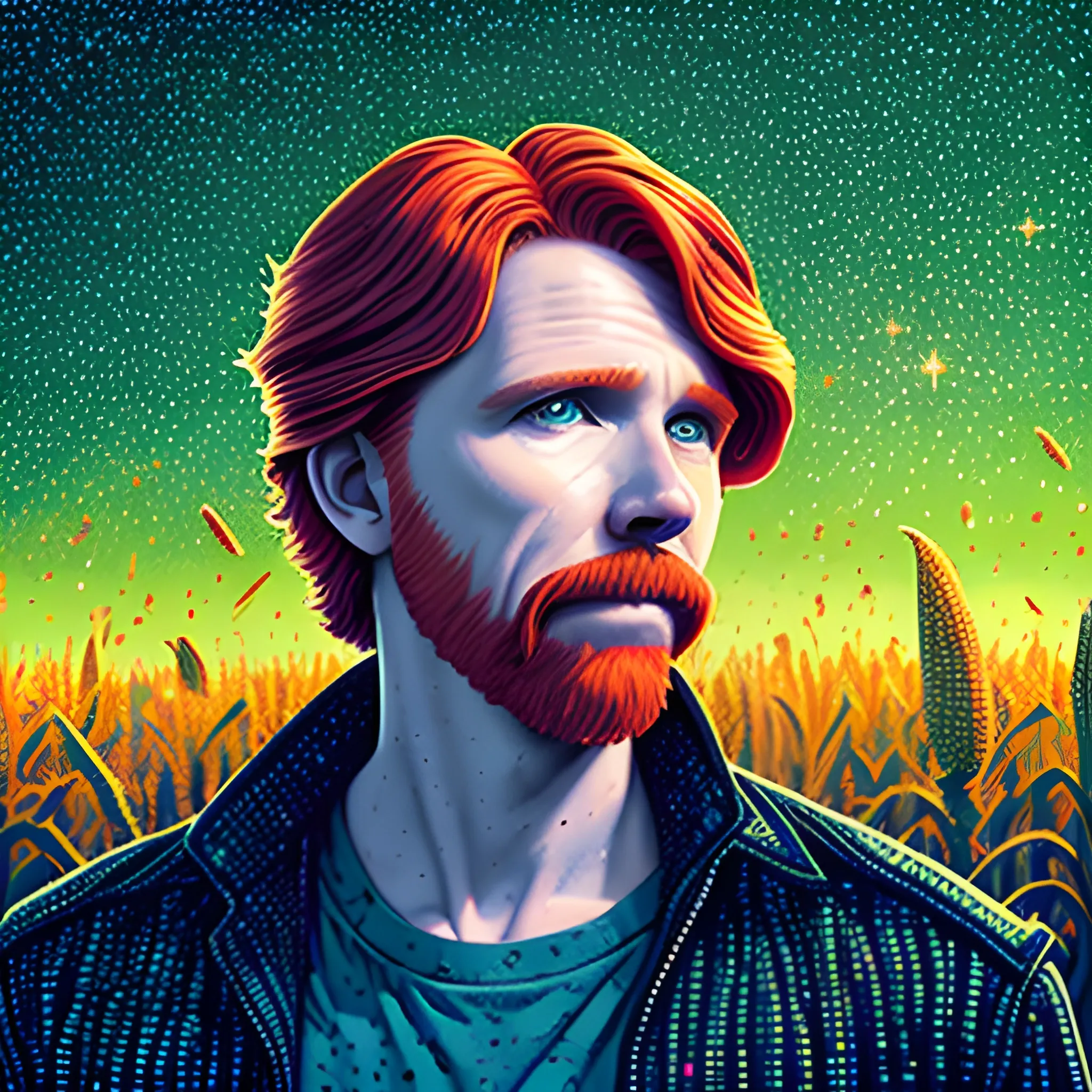 male actor Courtney Gains, his highly detailed handsome face, meticulously detailed multi-hued red hair, standing in tall corn, cornfield, nebula sky; by James R. Eads, Fausto-Giurescu, Tania Rivilis, Renata-s-art, Dan Mumford; luminous colorful sparkles, glitter, airbrush, depth of field, volumetric lighting, deep color, underground comix