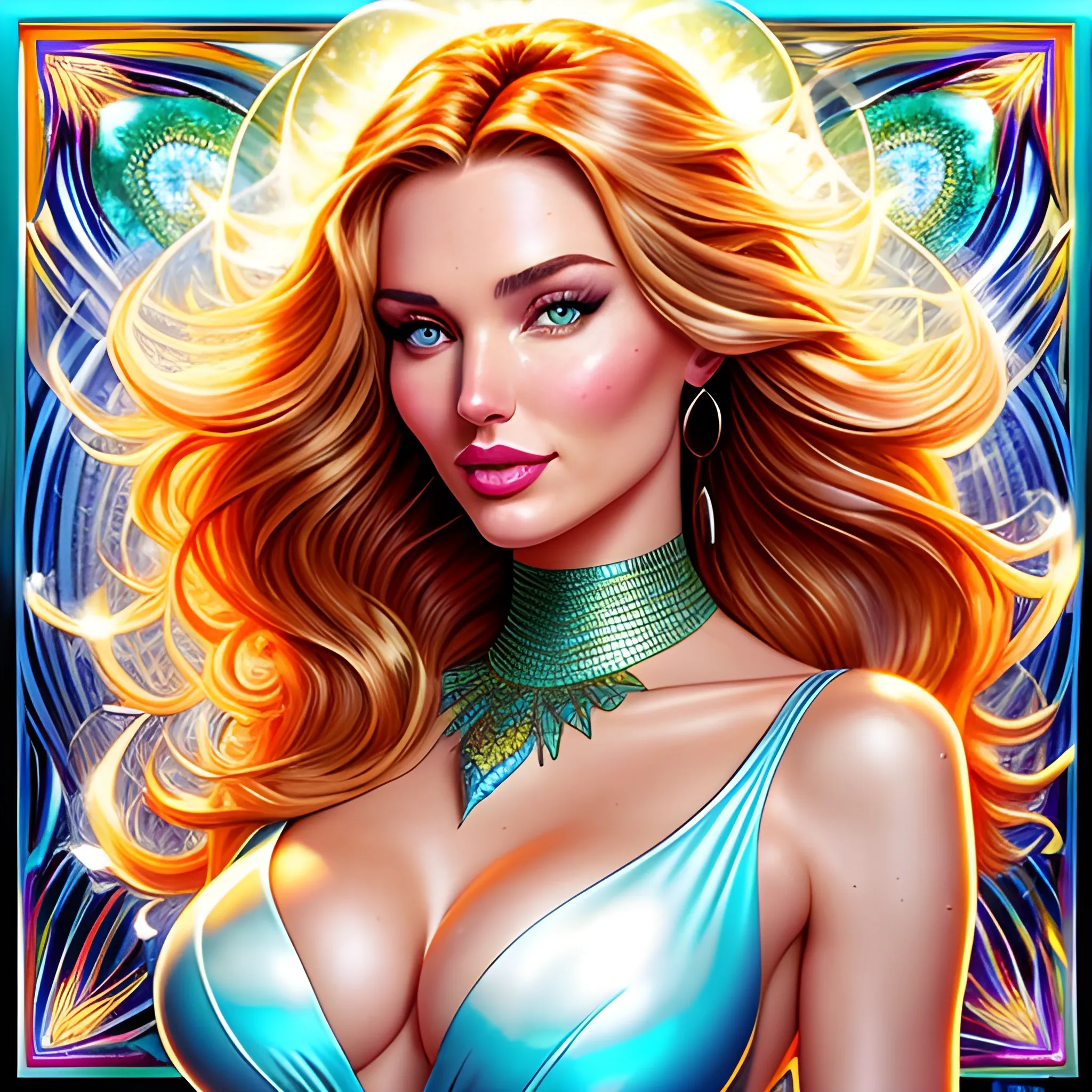 young Miranda Kerr / Candice Swanepoel / Elsa Hosk face morph, her highly detailed attractive face, meticulously detailed, multi-hued white-blond-red hair, blue-green eyes, dimple; supermodel, Victoria's Secret angel; by James R. Eads, Fausto-Giurescu, Tania Rivilis, Maxfield Parrish, Alphonse Mucha, Dan Mumford; luminous colorful sparkles, glitter, airbrush, depth of field, volumetric lighting Jason Beam art, Julie Bell art, Scott M Fischer, Neysa McMein, 3D