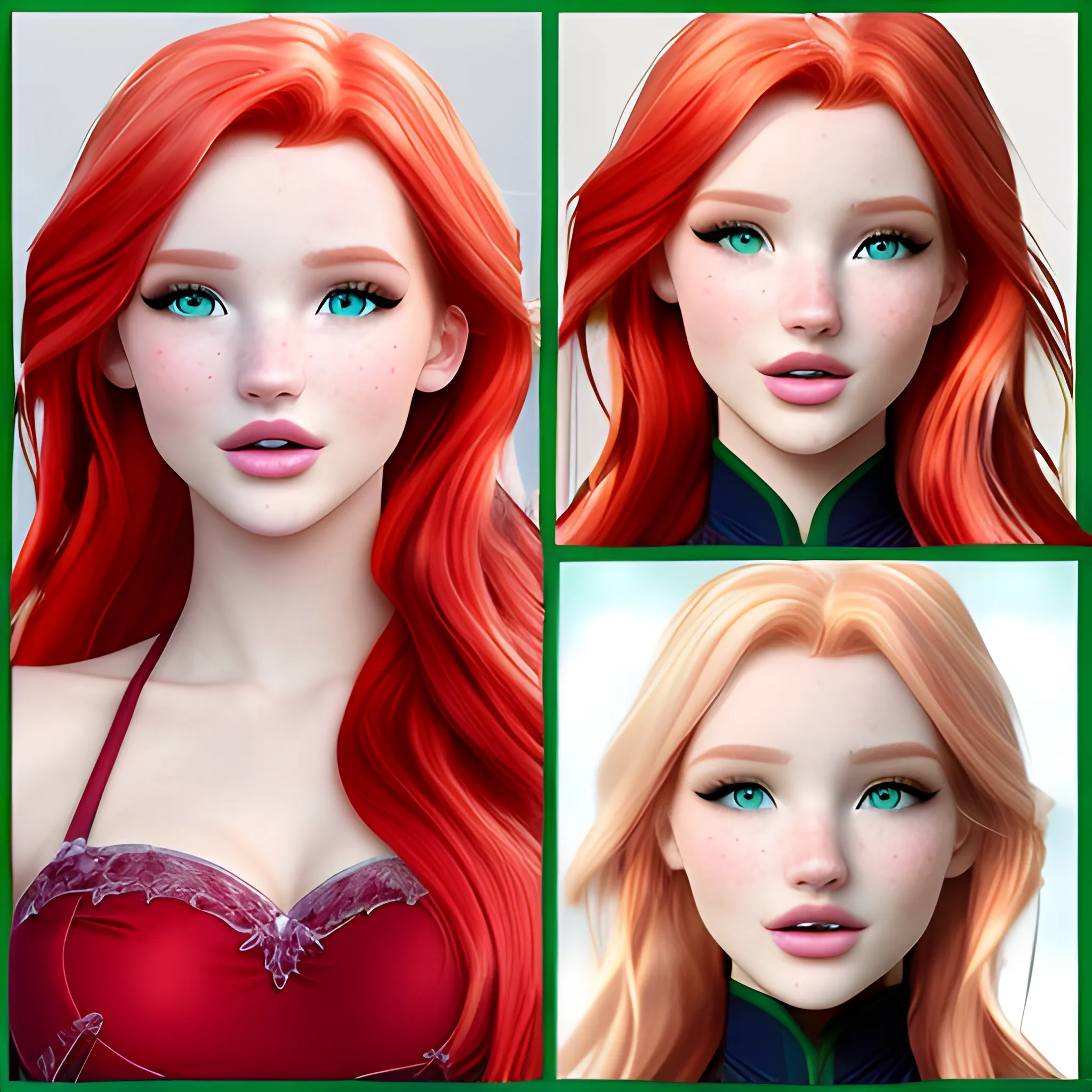 Bella Thorne / Dove Cameron / Elsa Hosk face morph, green eyes, multi-hued red hair, 3D