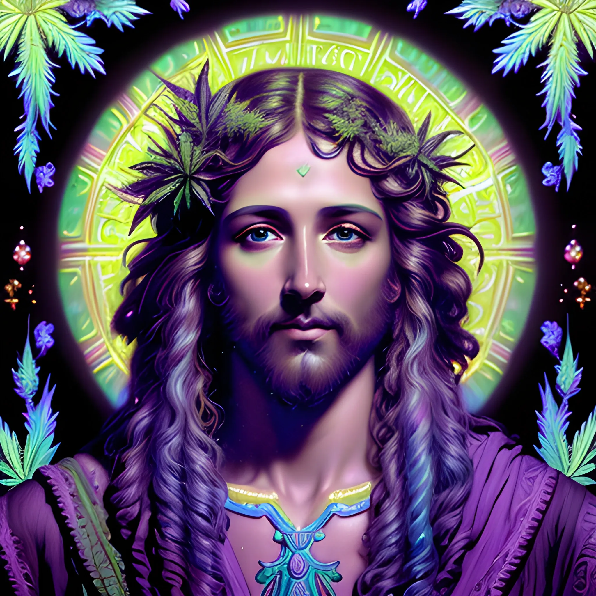 eoclassicist colorful blacklight uv highly detailed painting of Jesus as a marijuana goddess, ethereal fantasy hyperdetailed mist, maximalist matte painting, polished, realistic oil painting; old fashioned, vintage, antique; luminous color sparkles, marijuana, by gaston bussiere, craig mullins, j. c. leyendecker, norman rockwell