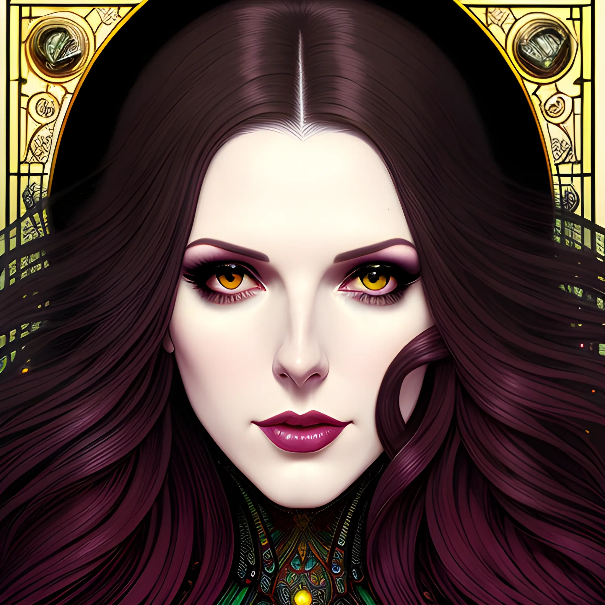 young Anna Kendrick, her highly detailed beautiful face, meticulously detailed multi-hued long straight dark hair, burgundy, berry wine and black, eldritch, macabre, by Stephen Gammell, Zdzislaw Beksinski; luminous color sparkles, Vintage Art, 8k resolution, art Nouveau poster; Alphonse Mucha, Artgerm, WLOP, Lisa Frank, James R. Eads, Illustration intricately detailed, Artstation, Chromolithography Soft Shading