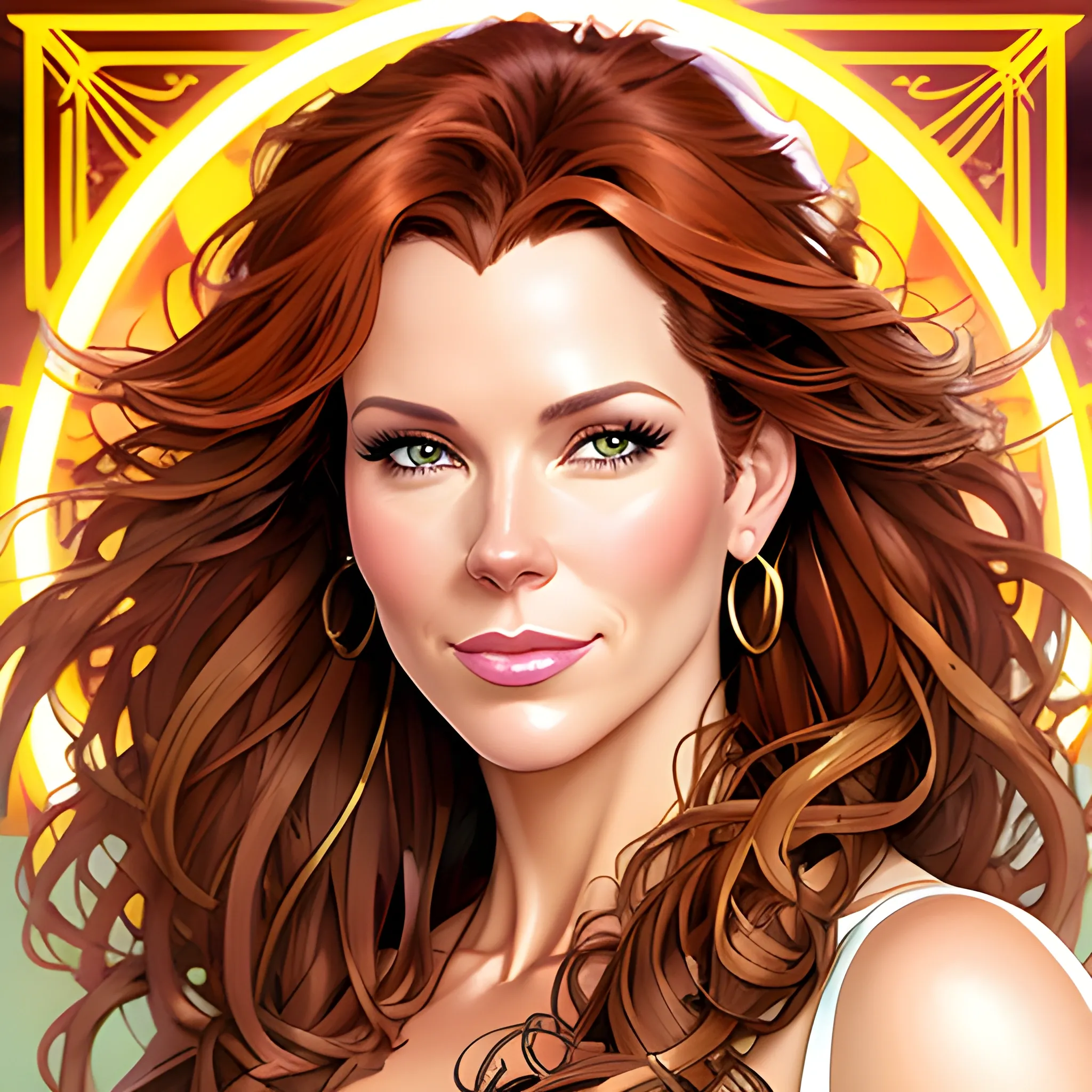 Young Robyn Lively with a beautiful and highly detailed face, brown eyes; modern American; by Lisa Frank, Daniel Gerhartz, phil noto, sienkiewicz, mucha, jim lee, manara; hyper-detailed, hyper-realistic, sharp focus; symmetrical face; textured shading, subtractive lighting, Unreal Engine, sharp focus