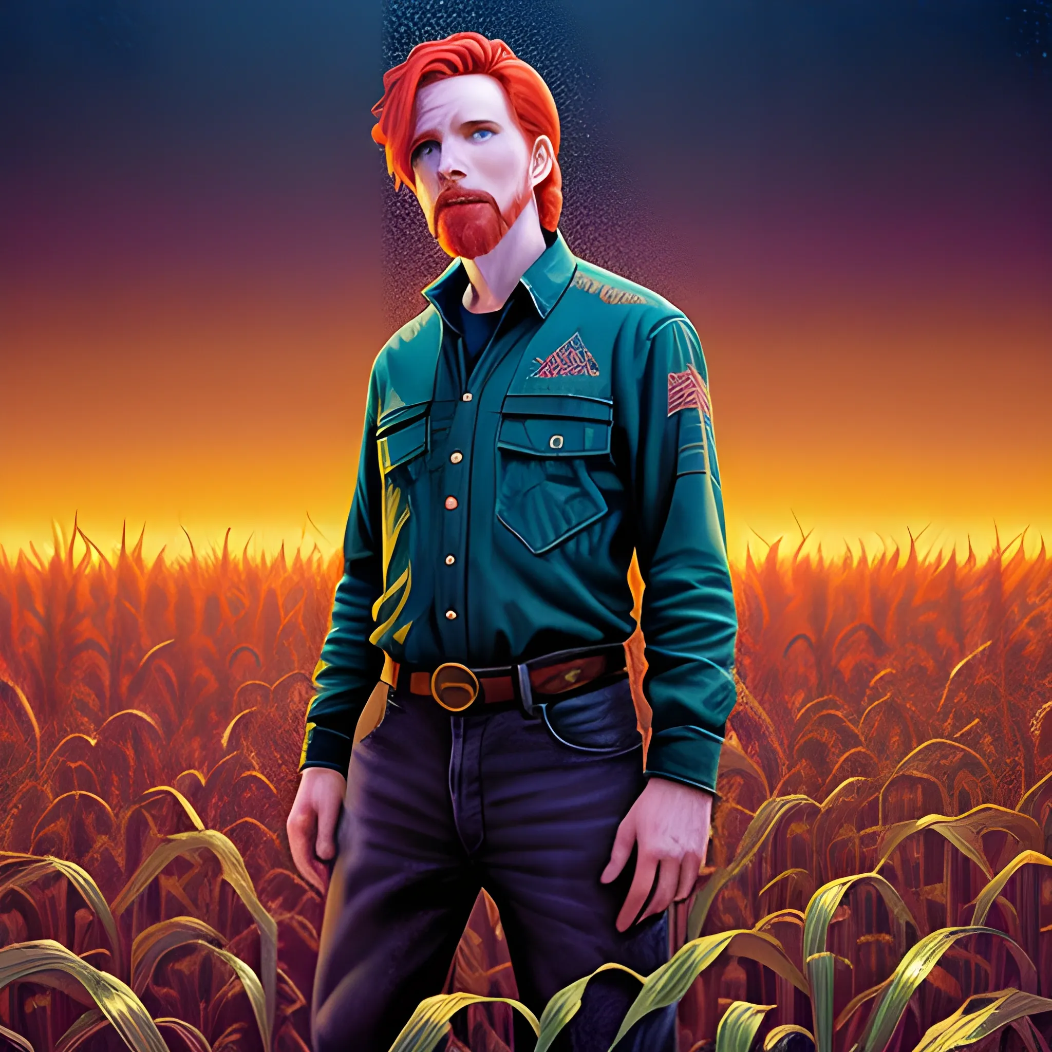 male actor Courtney Gains, his highly detailed handsome face, meticulously detailed multi-hued red hair, standing in tall corn, cornfield, nebula sky; by James R. Eads, Fausto-Giurescu, Tania Rivilis, Renata-s-art, Dan Mumford; luminous colorful sparkles, glitter, airbrush, depth of field, volumetric lighting, deep color, underground comix