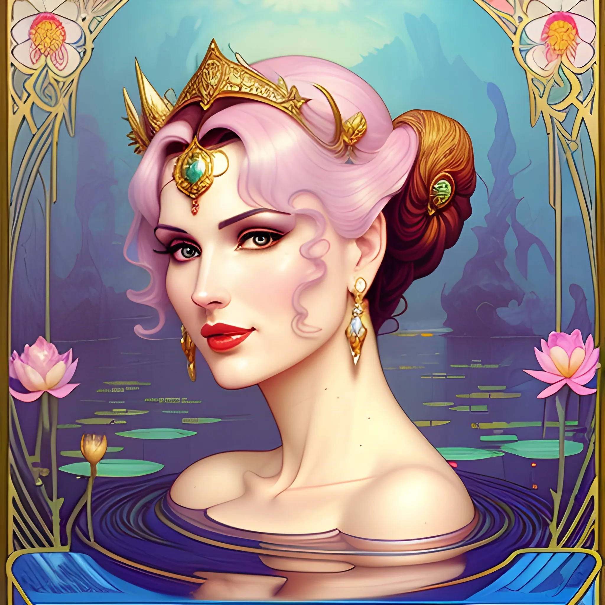 young Geena Davis at a lotus pond; highly detailed beautiful face; glitter, renaissance; high contrast, pastel, sorbet, pearlescent, underwater, surreal, Unreal Engine 5; by Dan Parent, Alphonse Mucha, Artgerm, WLOP, intricately detailed, fantasy, bizarre, beautiful, Chromolithography, Soft Shading, Unreal Engine; digital painting, smooth, sharp focus, illustration, art by lisa frank, Steve Goad, Frank Frazetta, William-Adolphe Bouguereau, Unreal Engine 5, Cartoon, 3D, Oil Painting, 3D