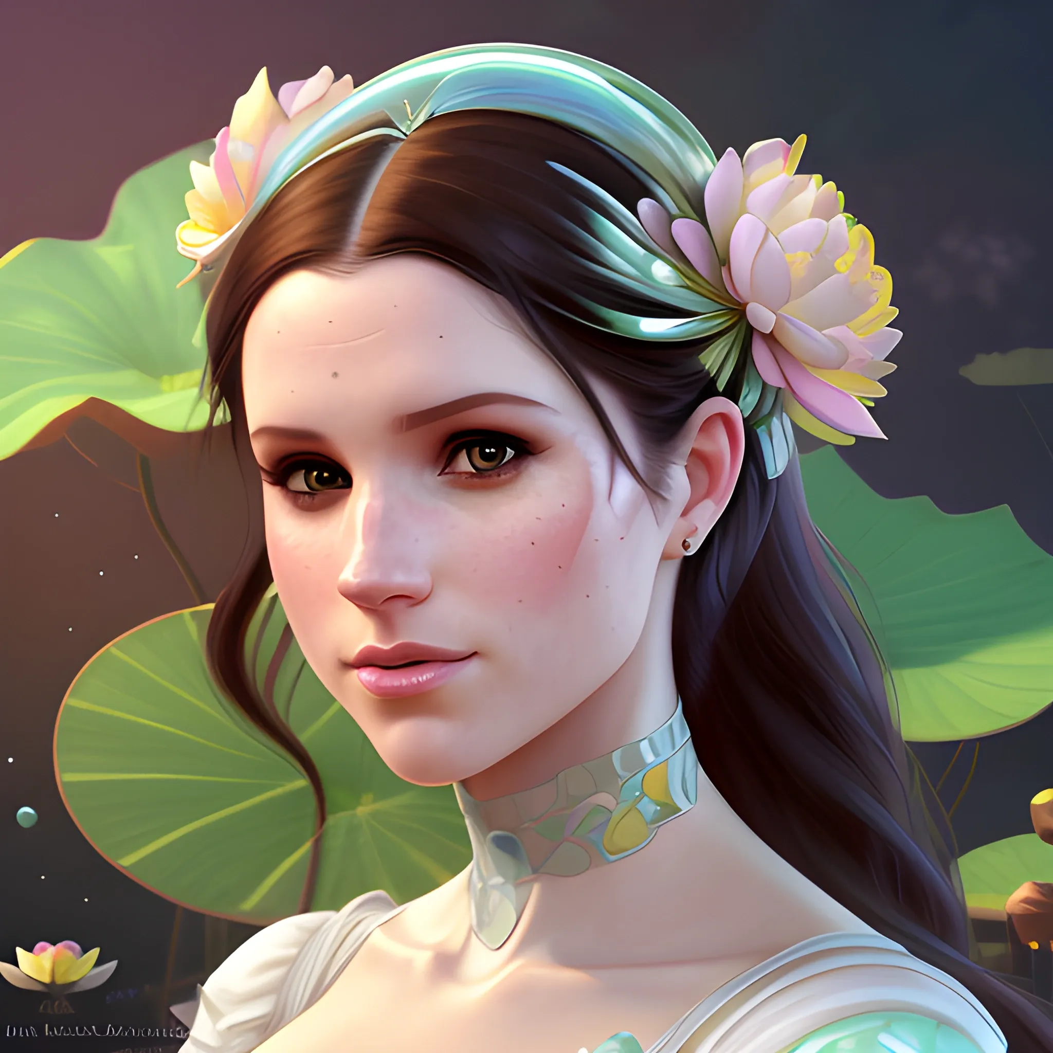 Meghan Markle / Anna Kendrick face morph at a lotus pond; highly detailed beautiful face; glitter, renaissance; high contrast, pastel, sorbet, pearlescent, underwater, surreal, Unreal Engine 5; by Dan Parent, Alphonse Mucha, Artgerm, WLOP, intricately detailed, fantasy, bizarre, beautiful, Chromolithography, Soft Shading, Unreal Engine; digital painting, smooth, sharp focus, illustration, art by lisa frank, Steve Goad, Frank Frazetta, William-Adolphe Bouguereau, Unreal Engine 5, Cartoon, 3D, Oil Painting, 3D