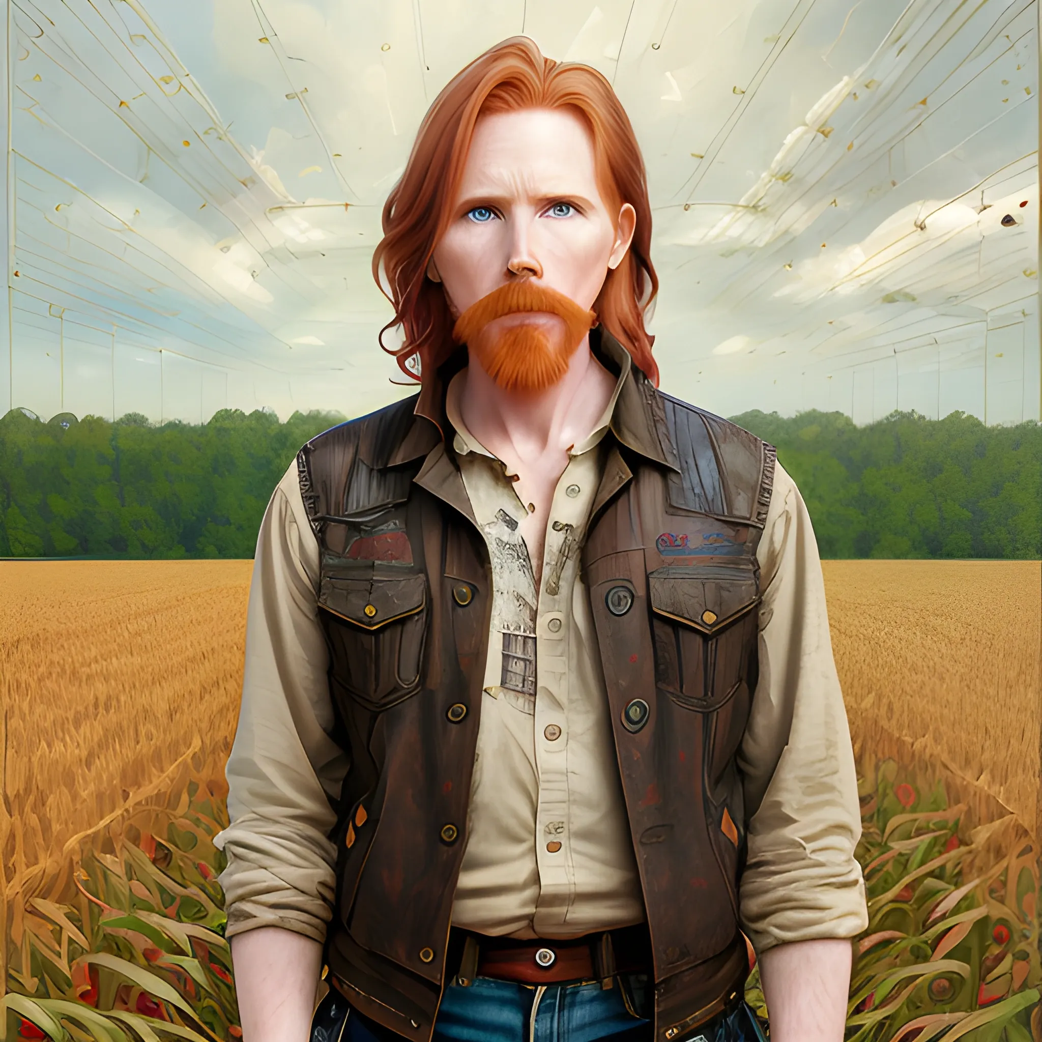 Courtney Gains, at a cornfield, highly detailed softly freckled face, dark red long feathered hair, modern American; by Lisa Frank, Daniel Gerhartz, Phil Noto art, Mucha, Manara; hyper-detailed, hyper-realistic, sharp focus; symmetrical face; textured shading, subtractive lighting, Unreal Engine