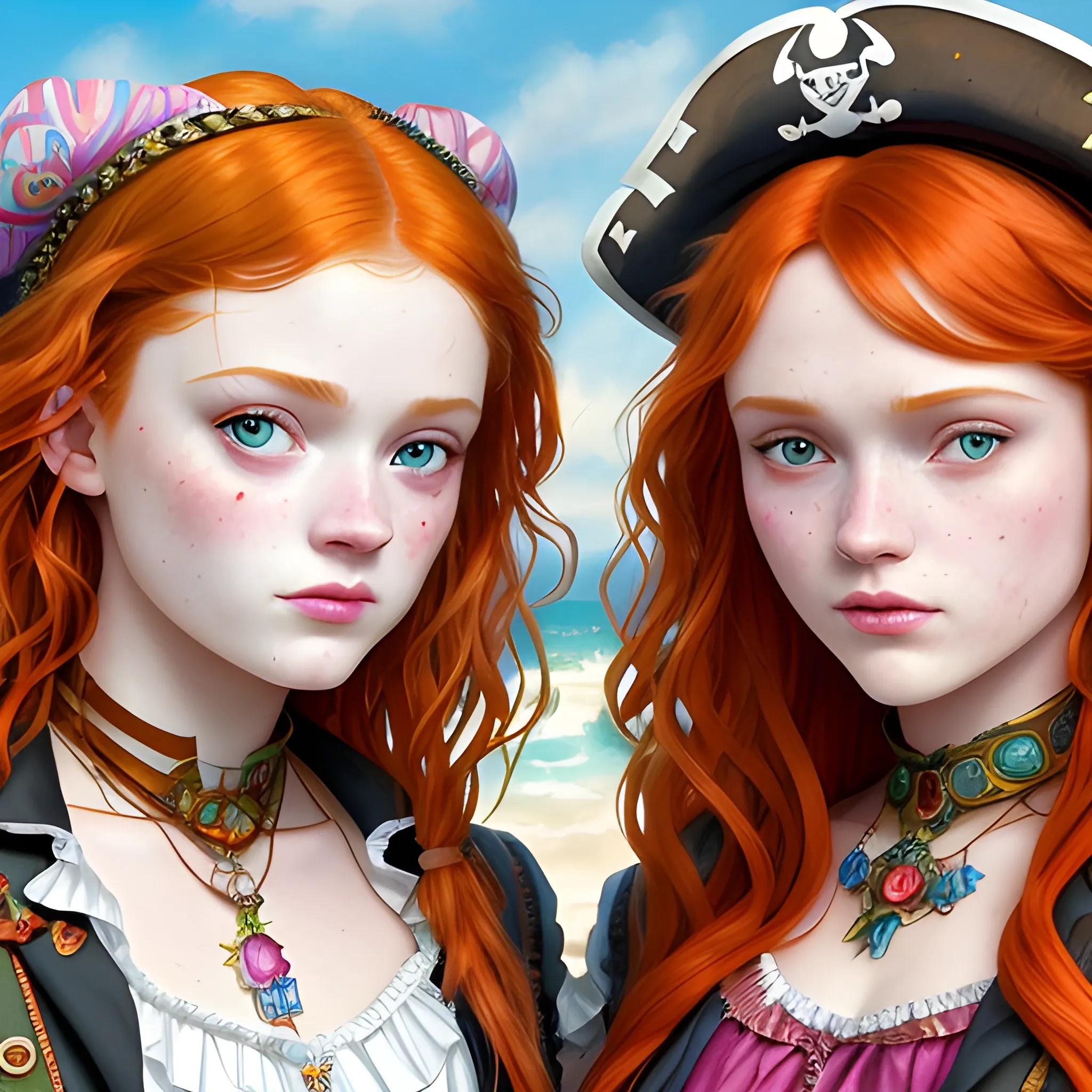 Sadie Sink and Bella Thorne doing cosplay as pirates, highly detailed faces, different shades of red hair, modern American; by Lisa Frank, Daniel Gerhartz, Phil Noto art, Mucha, Manara; hyper-detailed, hyper-realistic, sharp focus; symmetrical face; textured shading, subtractive lighting, Unreal Engine