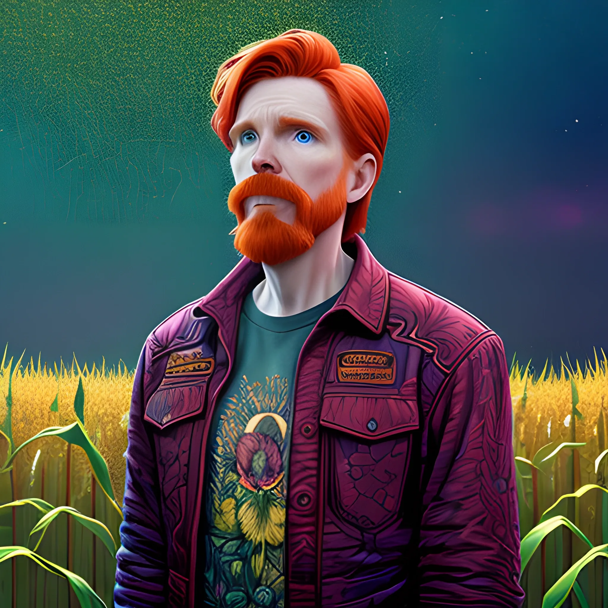 male actor Courtney Gains, his highly detailed handsome face, meticulously detailed multi-hued red hair, standing in tall corn, cornfield, nebula sky; by James R. Eads, Fausto-Giurescu, Tania Rivilis, Renata-s-art, Dan Mumford; luminous colorful sparkles, glitter, airbrush, depth of field, volumetric lighting, deep color, underground comix