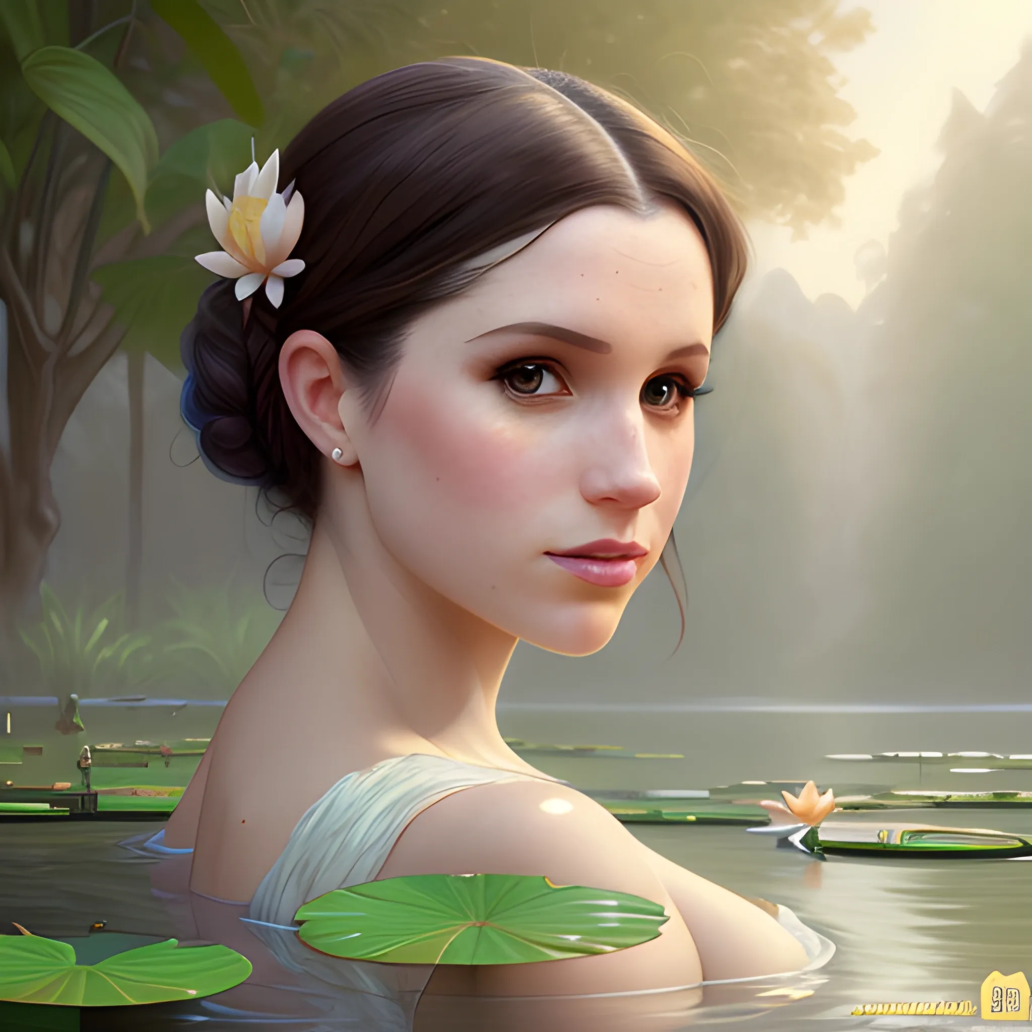 Meghan Markle / Anna Kendrick face morph at a lotus pond; highly detailed beautiful face; glitter, renaissance; high contrast, pastel, sorbet, pearlescent, underwater, surreal, Unreal Engine 5; by Dan Parent, Alphonse Mucha, Artgerm, WLOP, intricately detailed, fantasy, bizarre, beautiful, Chromolithography, Soft Shading, Unreal Engine; digital painting, smooth, sharp focus, illustration, art by lisa frank, Steve Goad, Frank Frazetta, William-Adolphe Bouguereau, Unreal Engine 5, Cartoon, 3D, Oil Painting, 3D