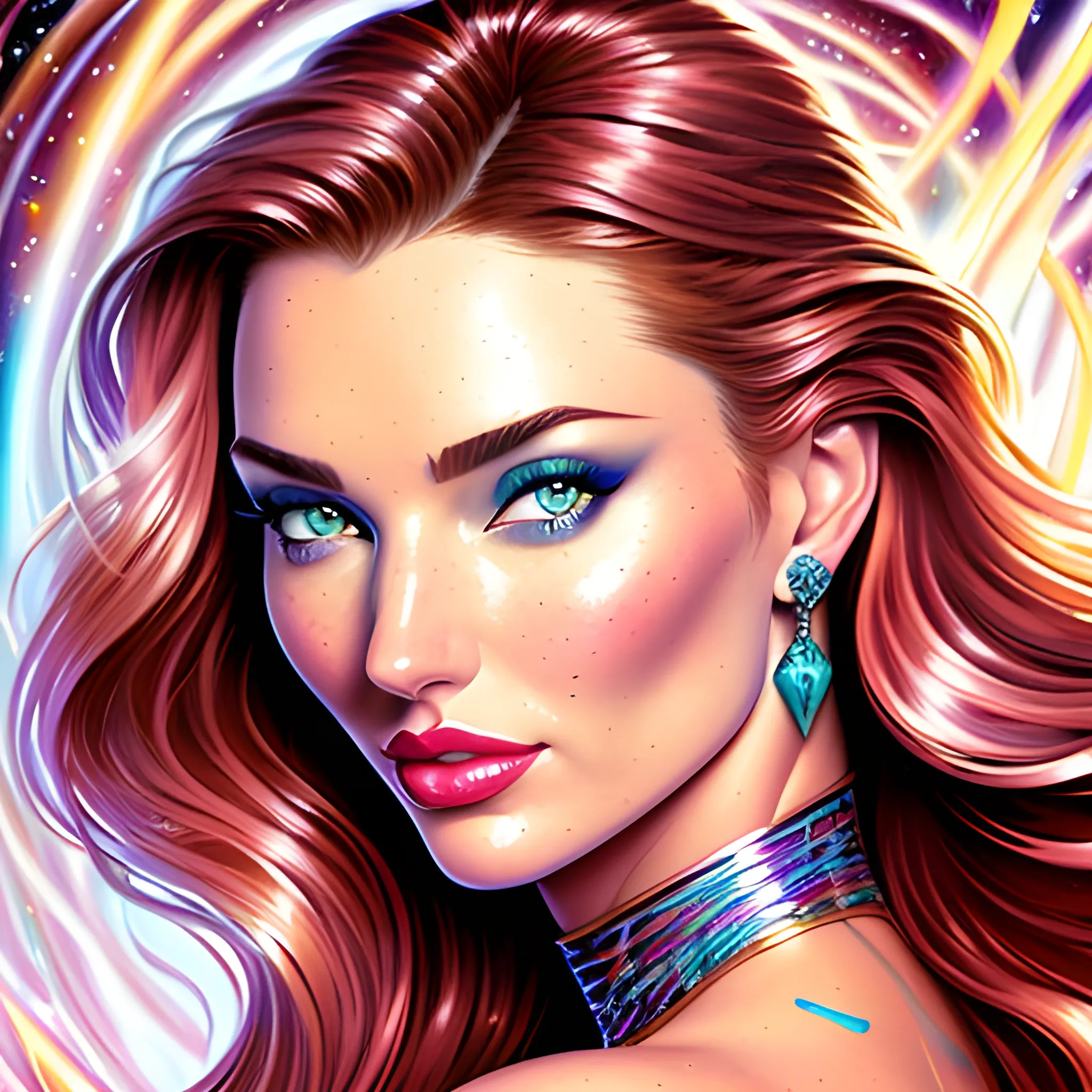 young Miranda Kerr / Candice Swanepoel / Elsa Hosk face morph, her highly detailed attractive face, meticulously detailed, multi-hued white-blond-red hair, blue-green eyes, dimple; supermodel, Victoria's Secret angel; by James R. Eads, Fausto-Giurescu, Tania Rivilis, Maxfield Parrish, Alphonse Mucha, Dan Mumford; luminous colorful sparkles, glitter, airbrush, depth of field, volumetric lighting Jason Beam art, Julie Bell art, Scott M Fischer, Neysa McMein, 3D