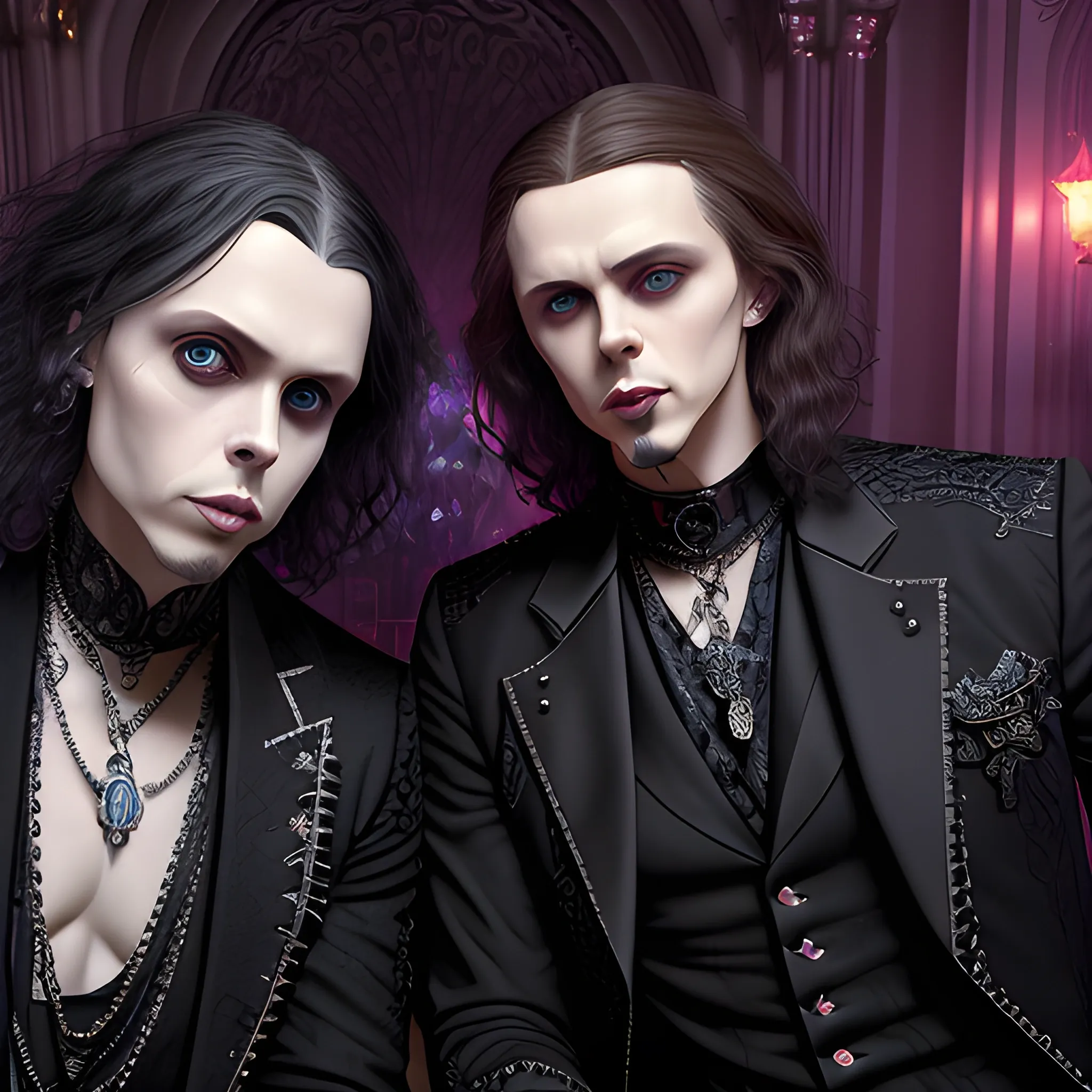 two men, Ville Valo and Tommy Cash at a gothic nightclub, highly detailed faces, modern American; by Lisa Frank, Daniel Gerhartz, Phil Noto art, Mucha, Manara; hyper-detailed, hyper-realistic, sharp focus; symmetrical face; textured shading, subtractive lighting, Unreal Engine, 3D