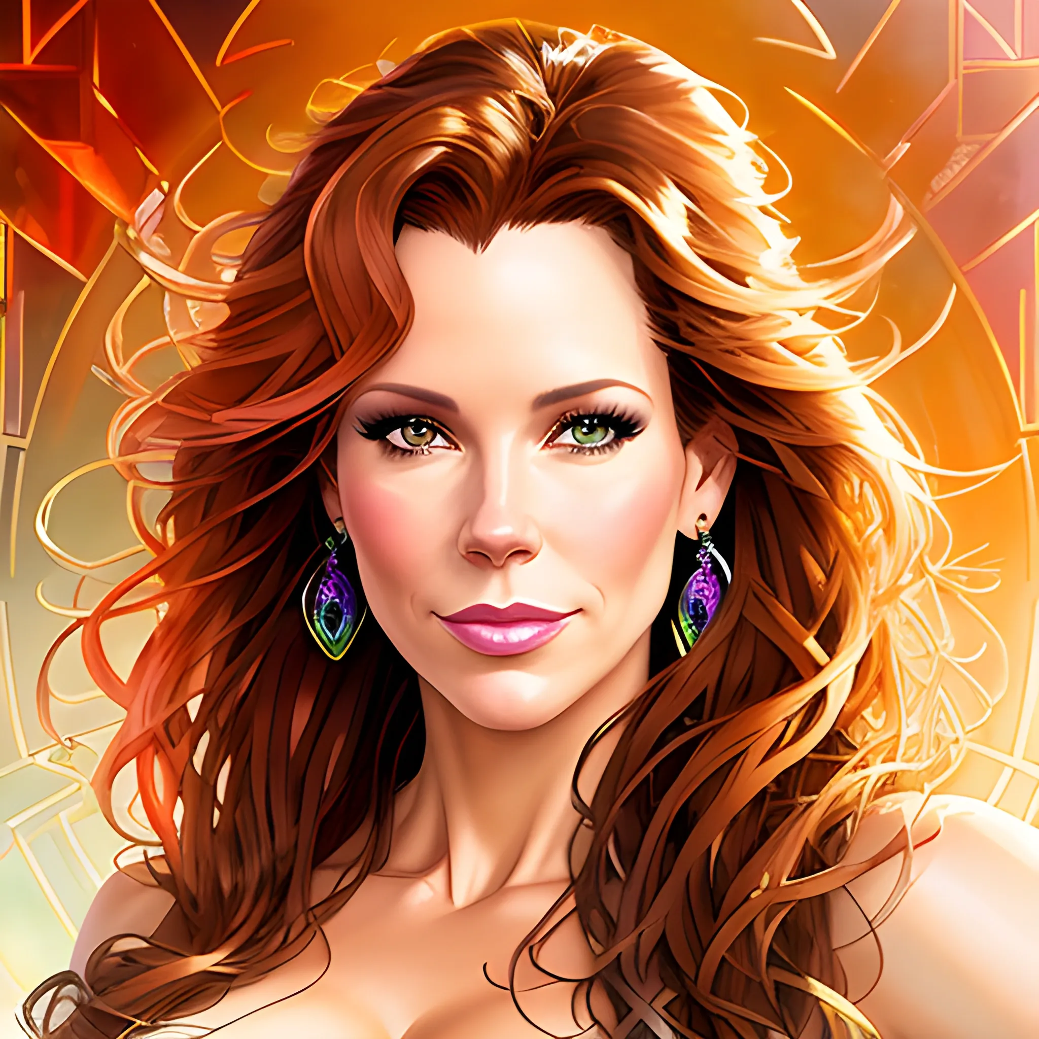 Young Robyn Lively with a beautiful and highly detailed face, brown eyes; modern American; by Lisa Frank, Daniel Gerhartz, phil noto, sienkiewicz, mucha, jim lee, manara; hyper-detailed, hyper-realistic, sharp focus; symmetrical face; textured shading, subtractive lighting, Unreal Engine, sharp focus